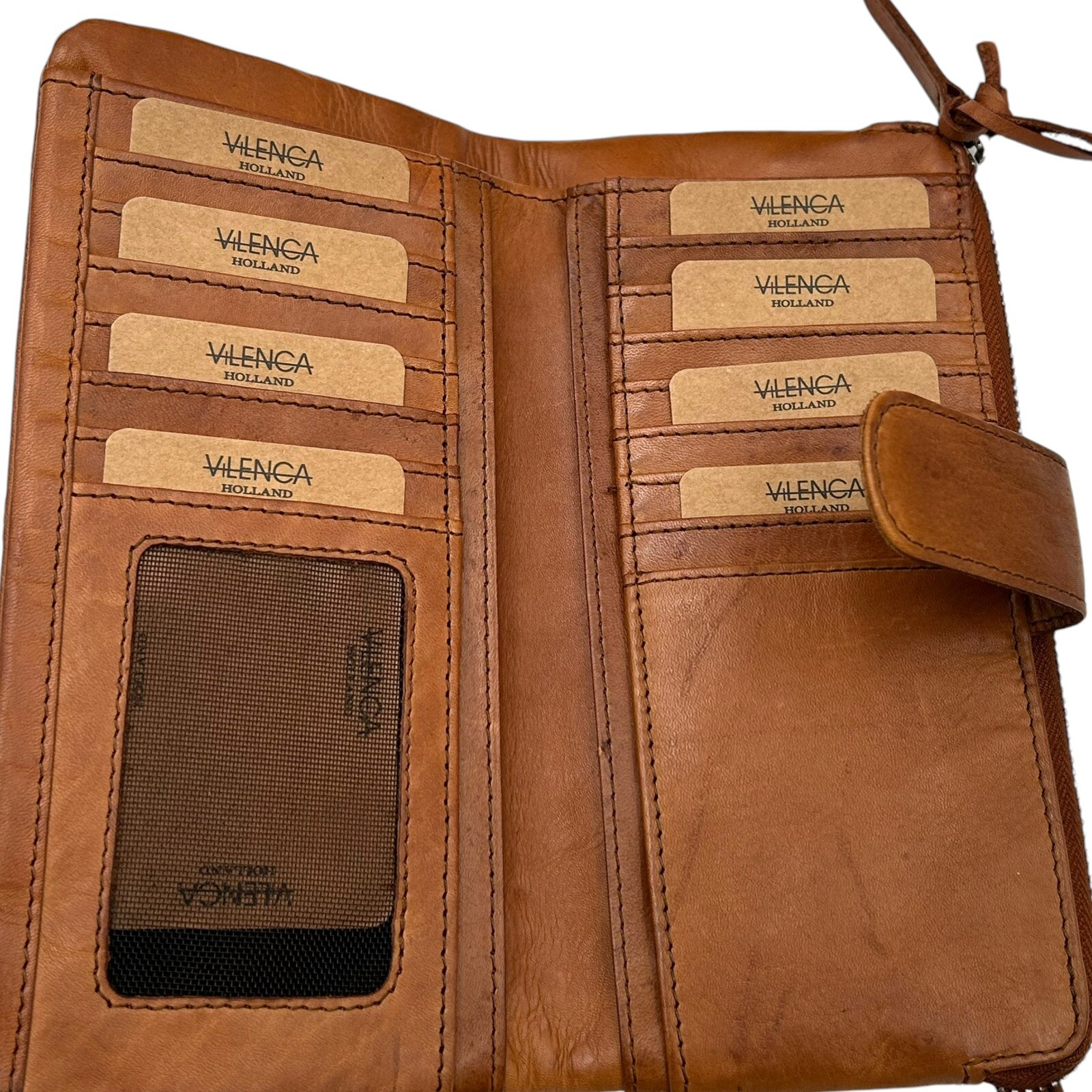 VILENCA Women’s Leather Flap Wallet With Circular Details Brown Metal Accents