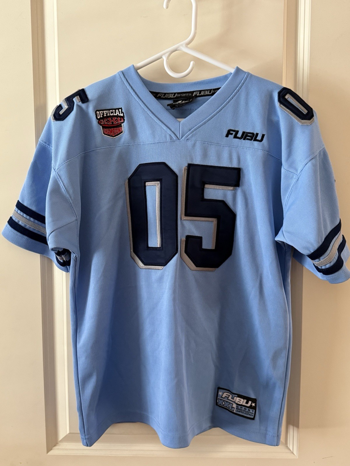 Vintage FUBU Football Jersey #05 Light Blue Youth M 12/14 Y2K Hip Hop Made Korea