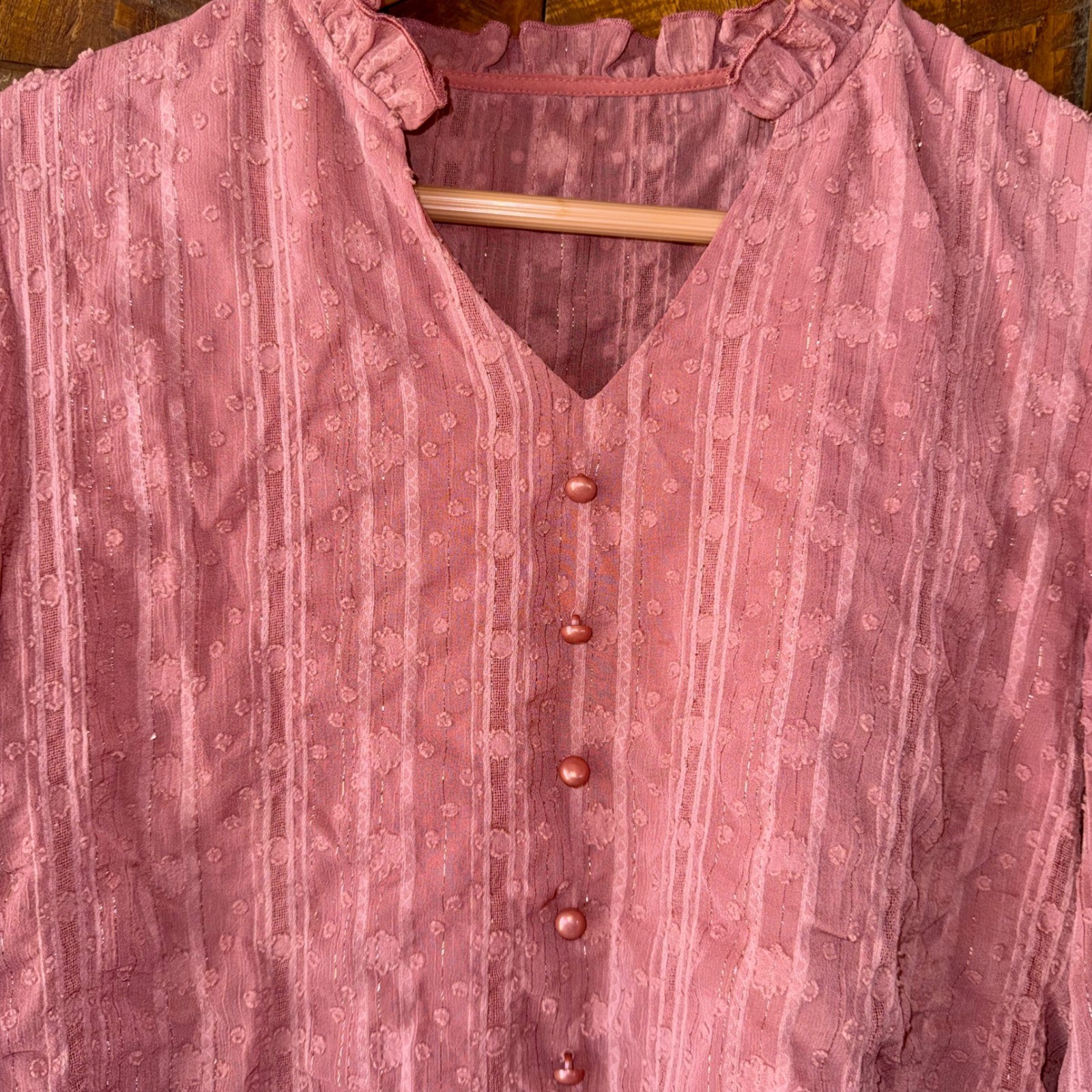 Womens Pink Swiss Dot Ruffle Neck Blouse Metallic Stripe Long Sleeve Top