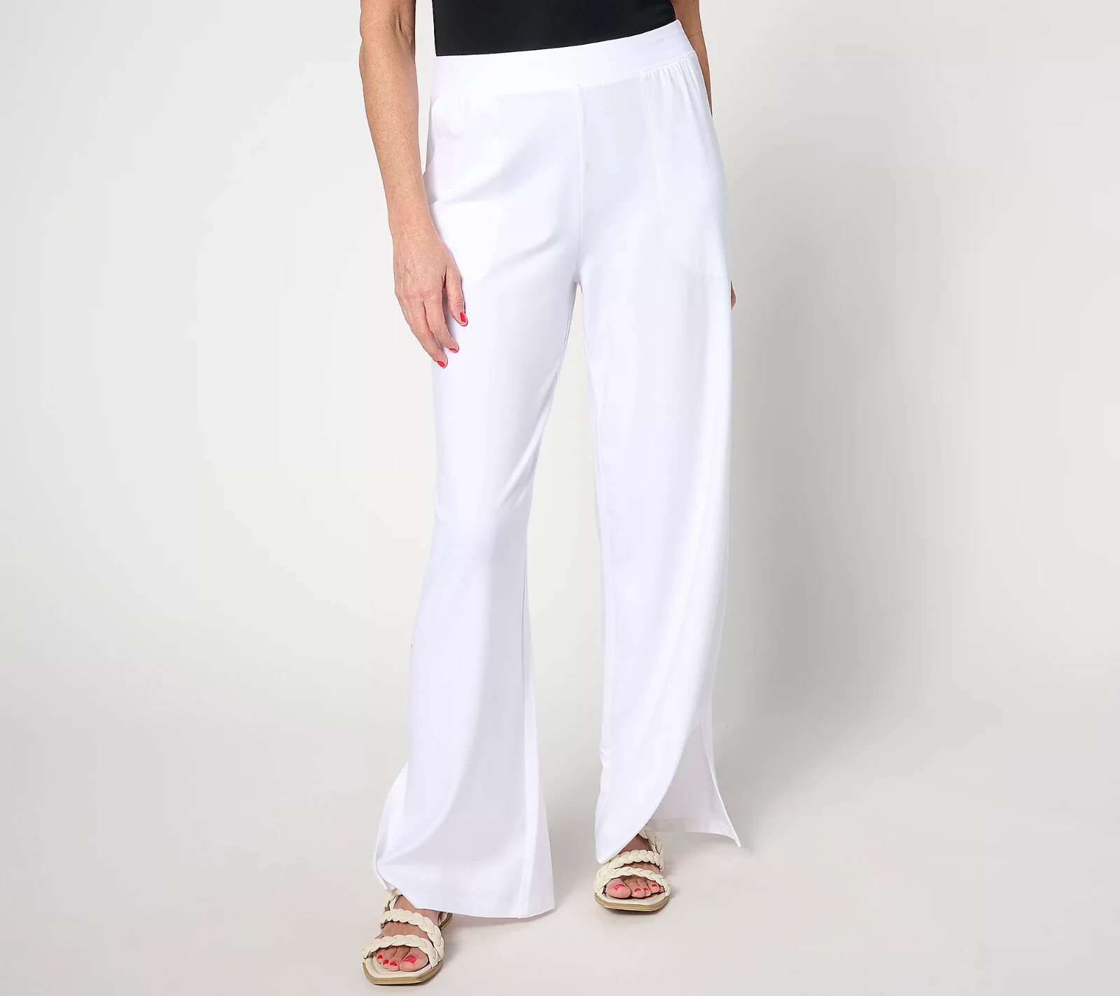 Denim & Co. Beach Jersey Regular Wide Leg Pant Slits – White (Sz L) a637289