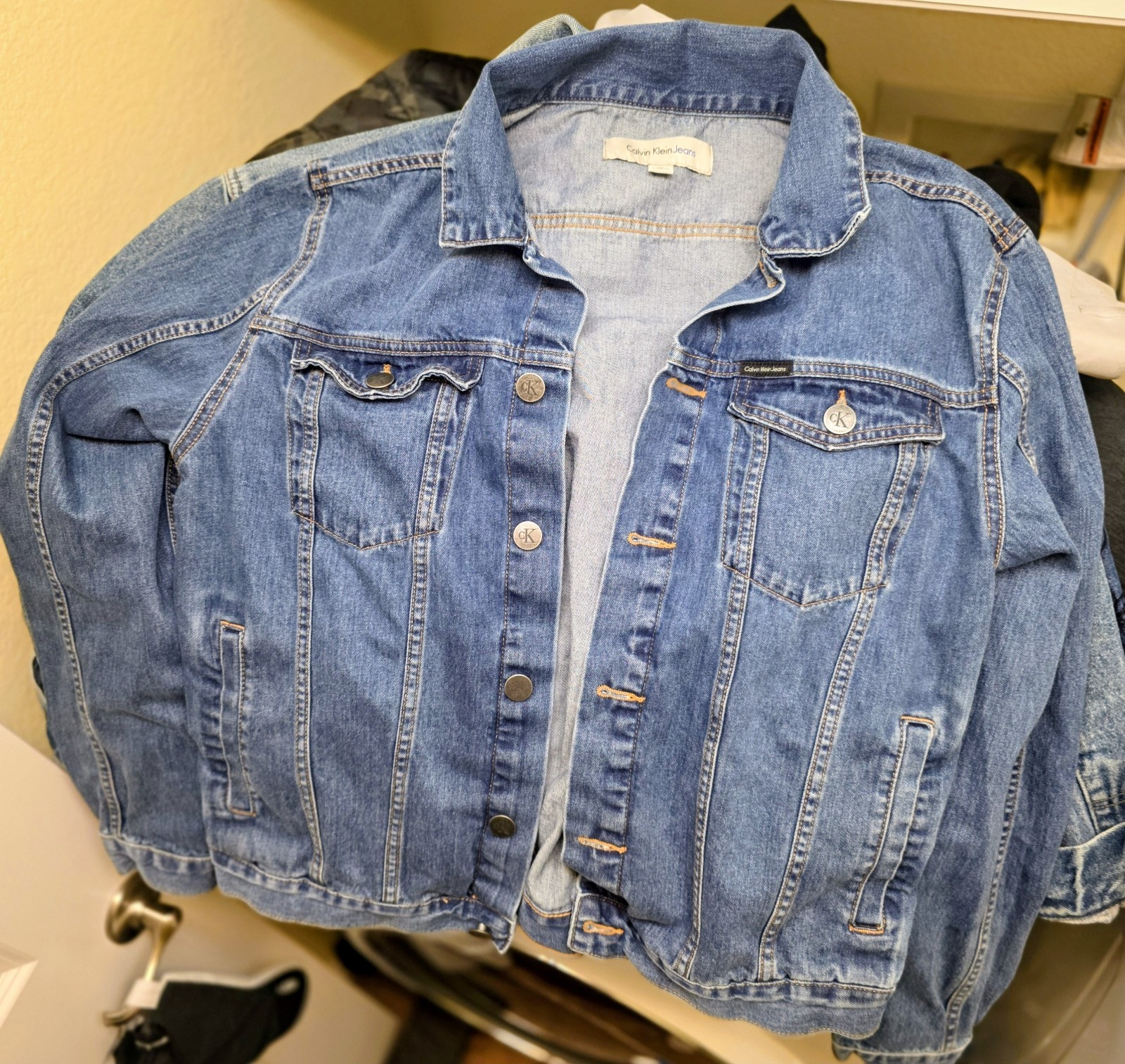 Calvin Klein Jeans Blue Denim Jacket Unisex XL Button Front Point Collar Pockets