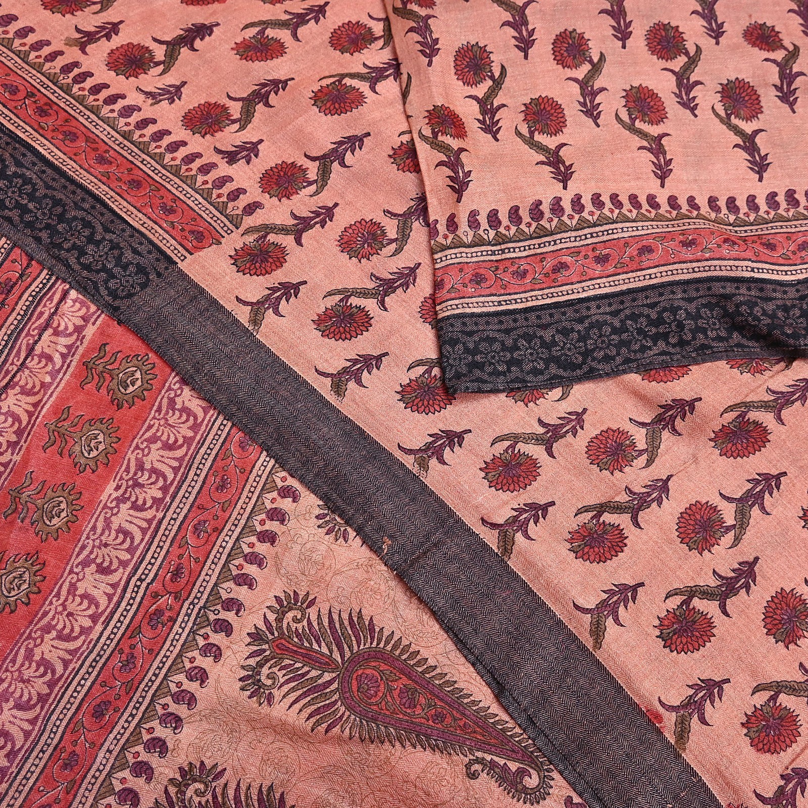 Vintage Peach Wool Saree Indian Pure Woolen Woven Floral Fabric 6Yard Soft Warm