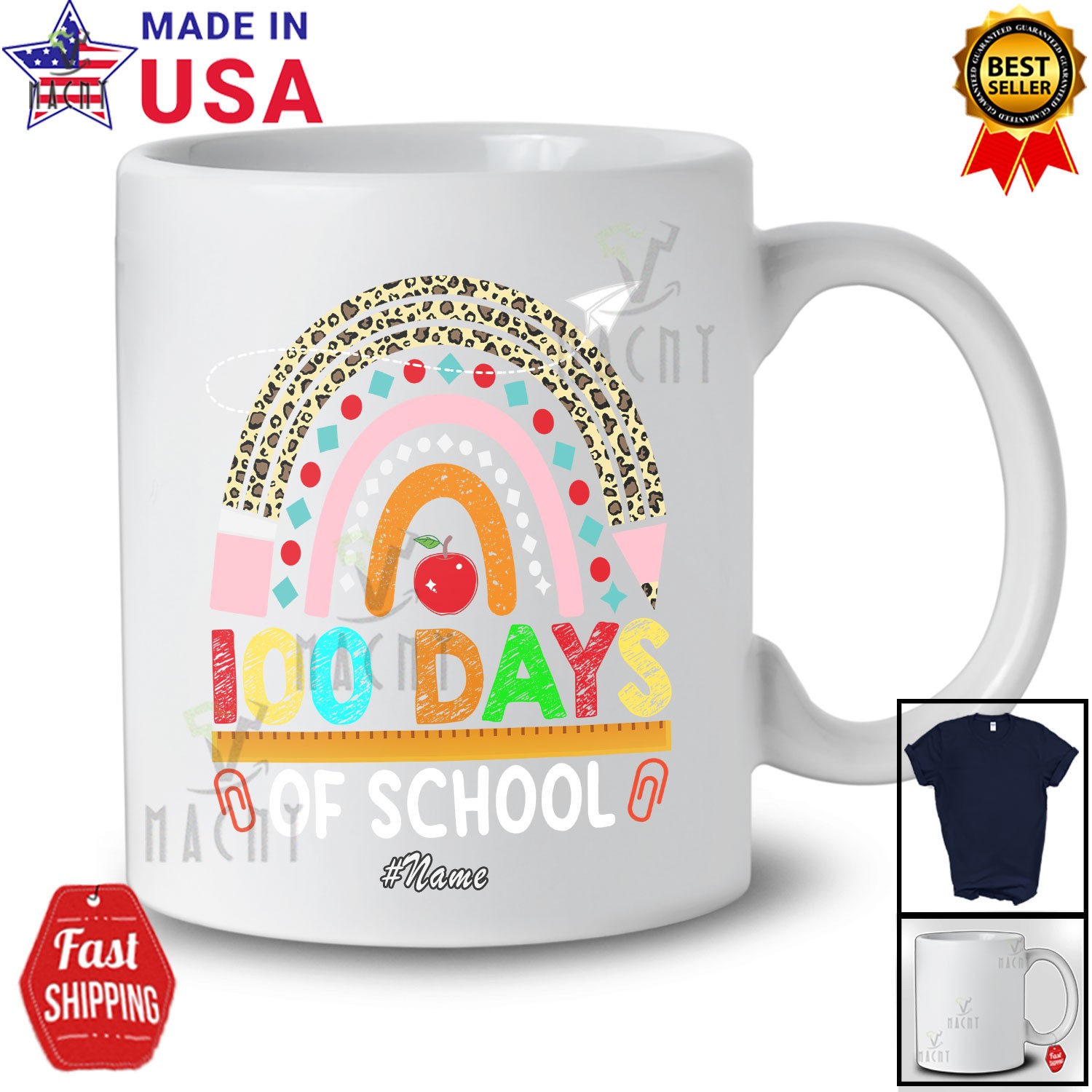 Custom Name 100 Days Of School; Leopard Rainbow Pencil; Teacher Students T-Shirt