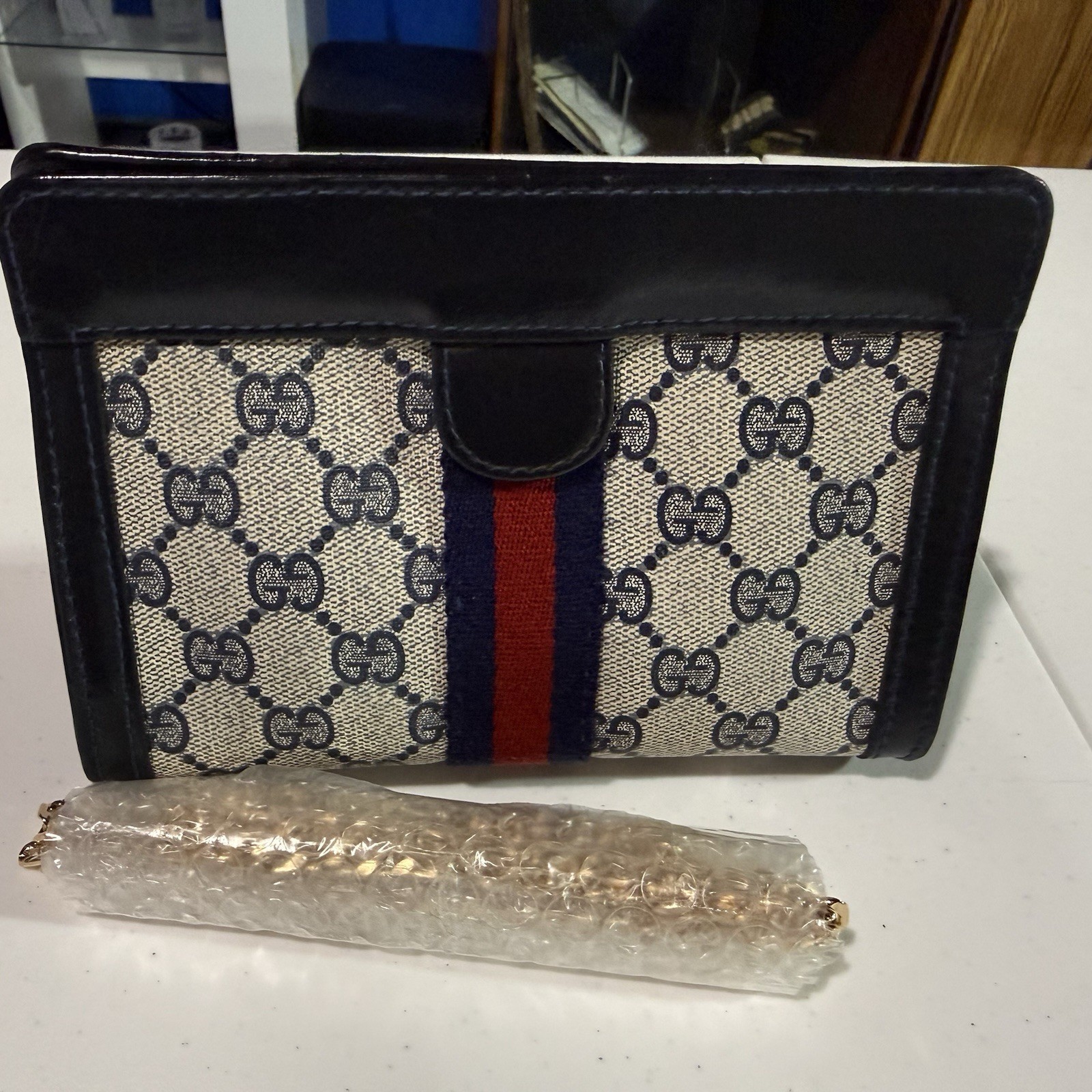 Vintage Gucci GG Supreme Web Stripe Clutch Bag Ophidia Canvas Leather Italy