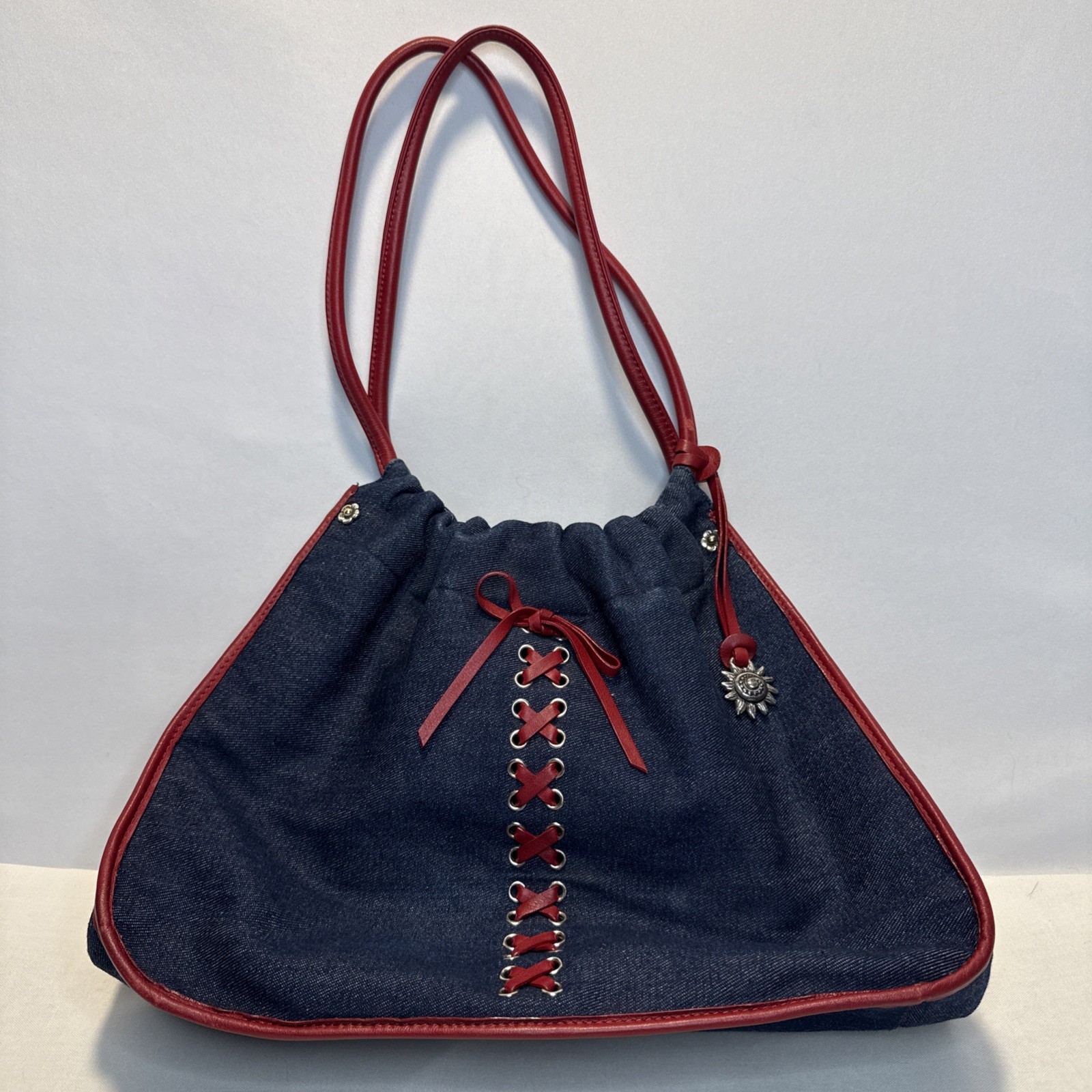 Sierra Valley Denim Handbag W/Red Faux Leather Laced Up Trim, Piping And Handle