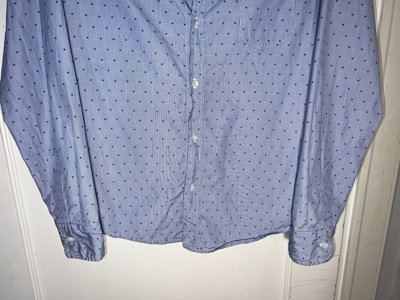 Frank & Eileen Barry White Blue Stripe Stars Cotton Shirt Size M. c747
