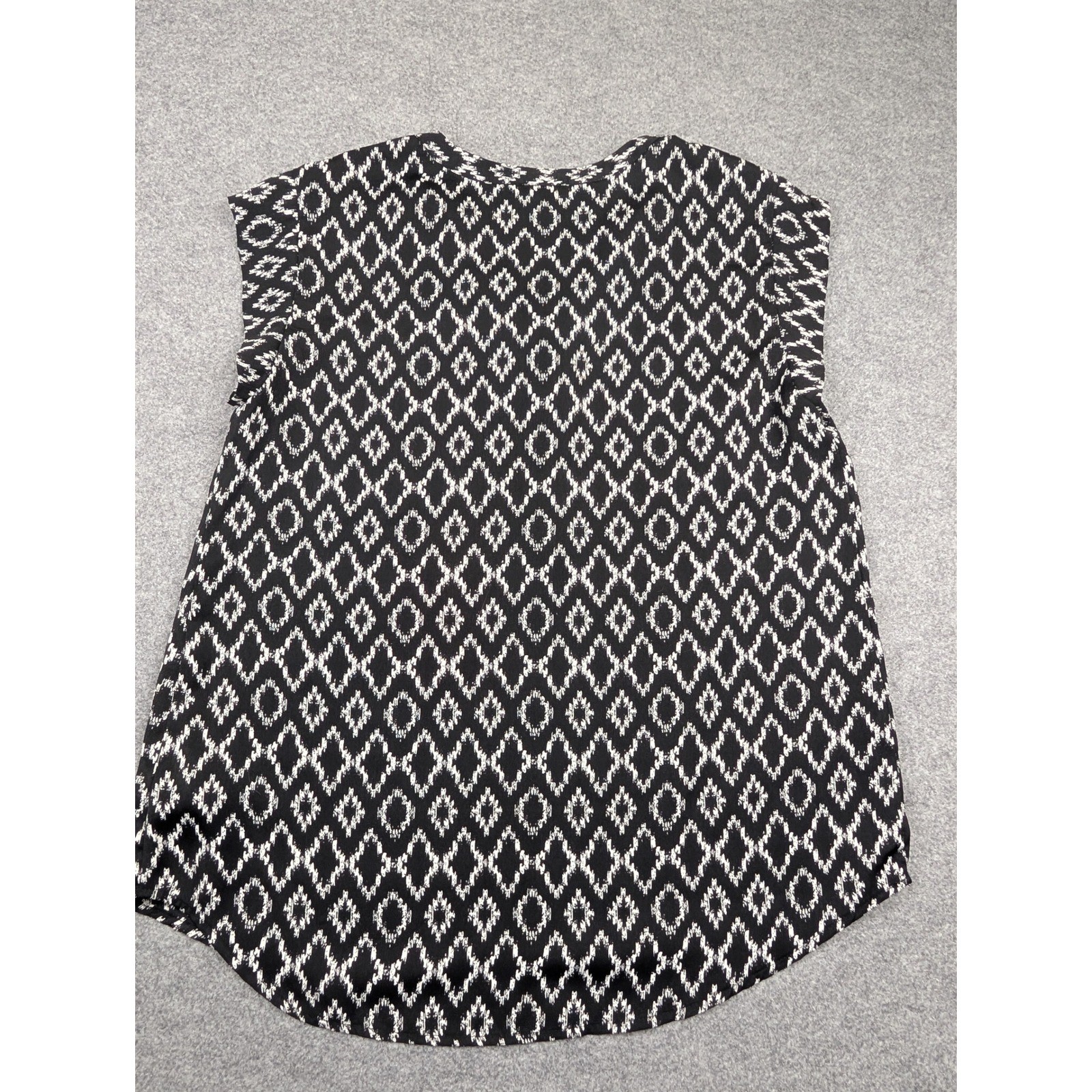 Hilary Radley Womens Black White Ikat Diamond Print Split Neck Blouse Size Med