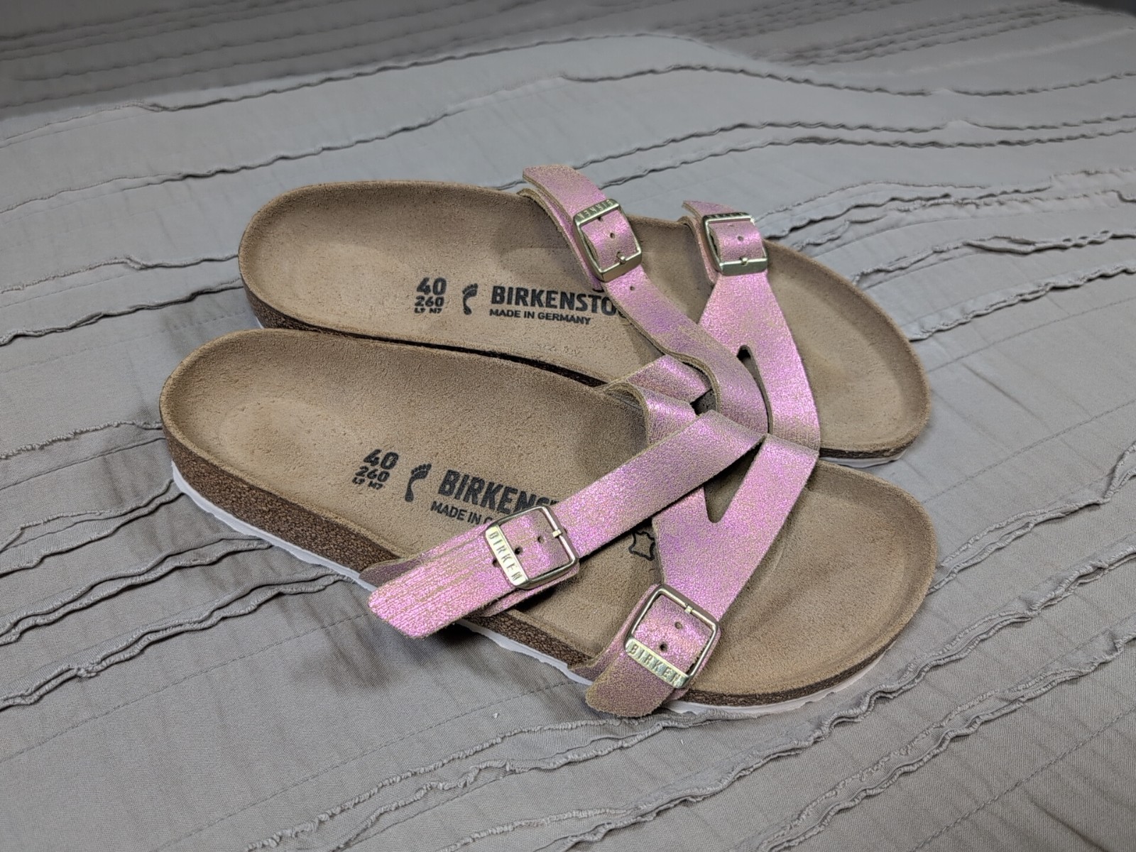 Birkenstock Yao Balance Washed Pink Metallic Suede Slide Sandal W9 M7 Narrow 40