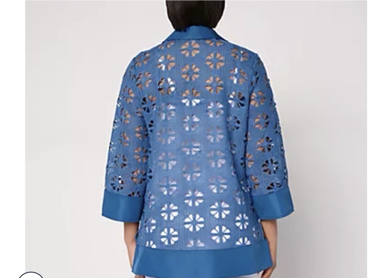 Dennis Basso Women’s Blue Eyelet Button-Front Collared Coatigan 3/4 Sleeve S
