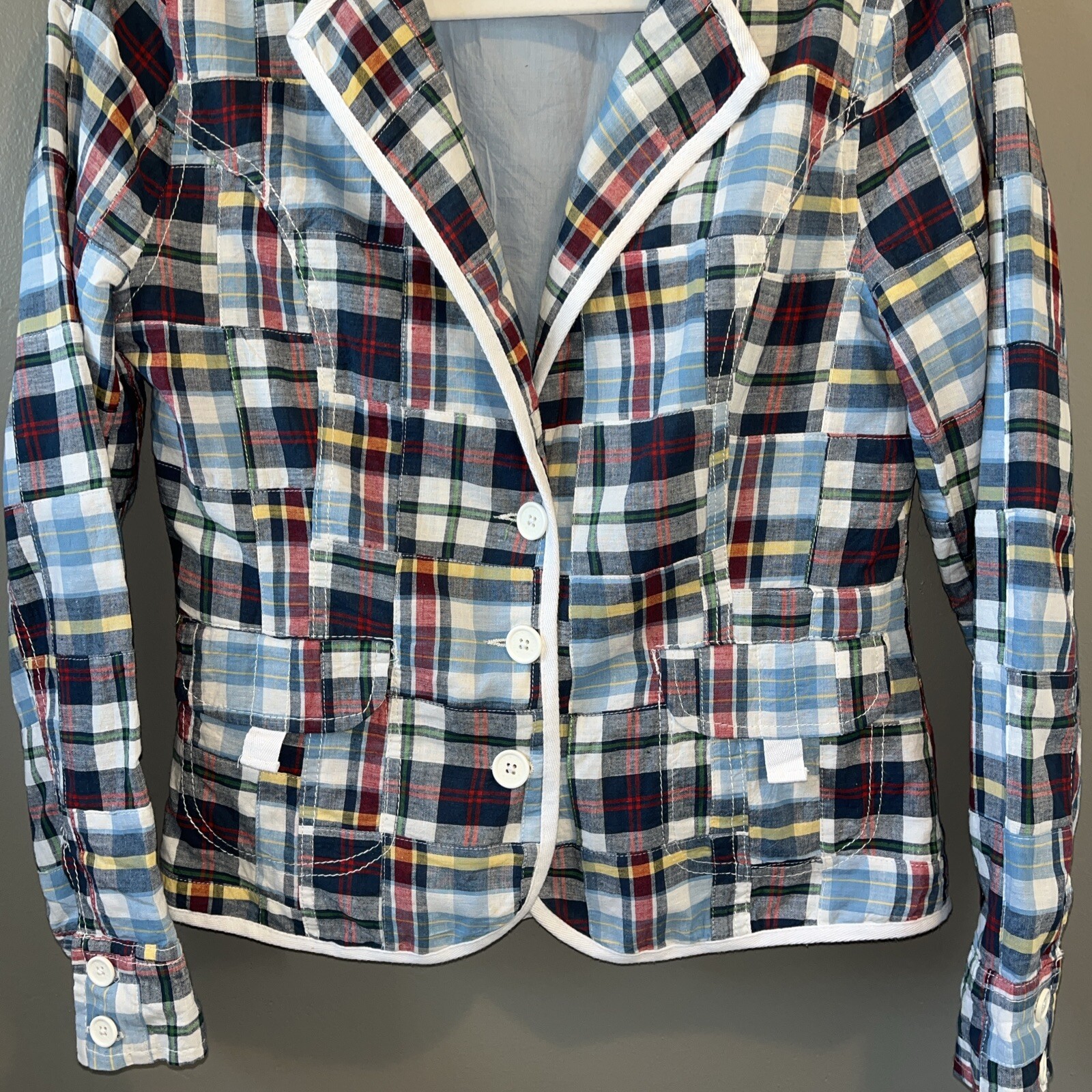 Bill Blass Jeans Quilted Patchwork Blazer Womens M Blue Plaid Cotton Jacket