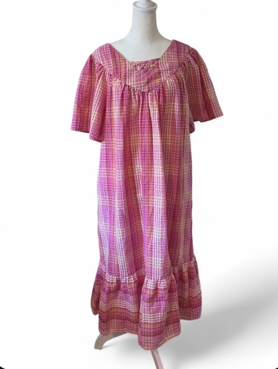 Vintage Y2K Blair Pink Plaid Crinkle Midi House Dress Prairie Cottage Women’s L