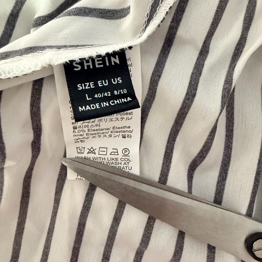 SHEIN LRG White Black Striped Blouse Asymmetrical Button Snap Collar Career Top