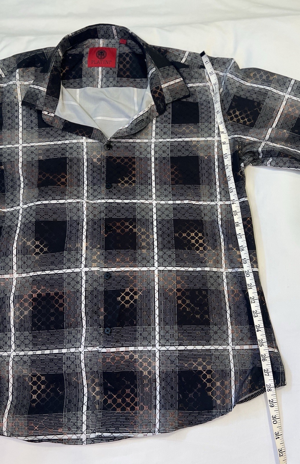 Platini Men’s 2XL Check Button-Up Shirt Long Sleeve Stretch Black White Gold