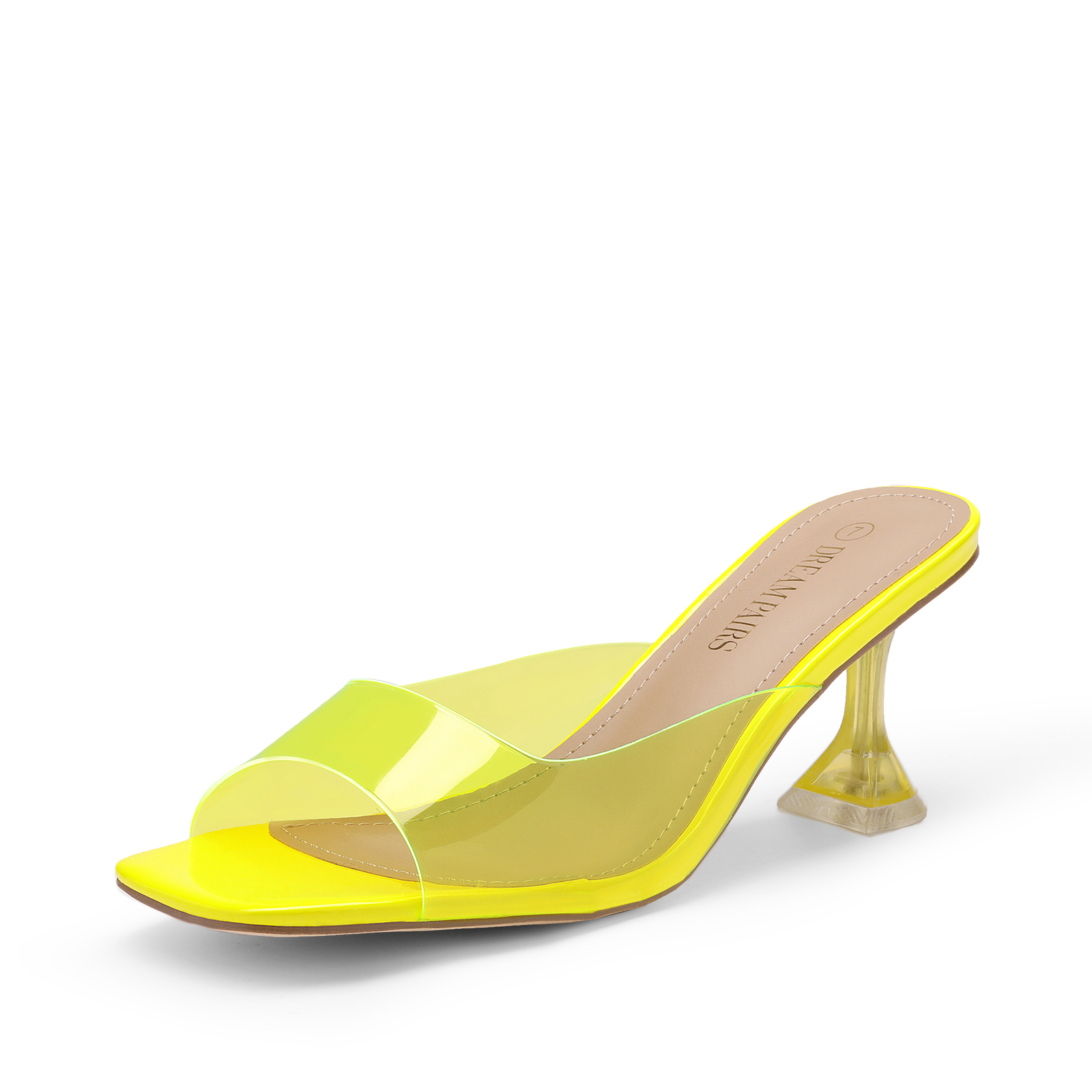 Women Clear Heels Square Toe High Heel Mules Slip on Wedding Dress Heel Sandals