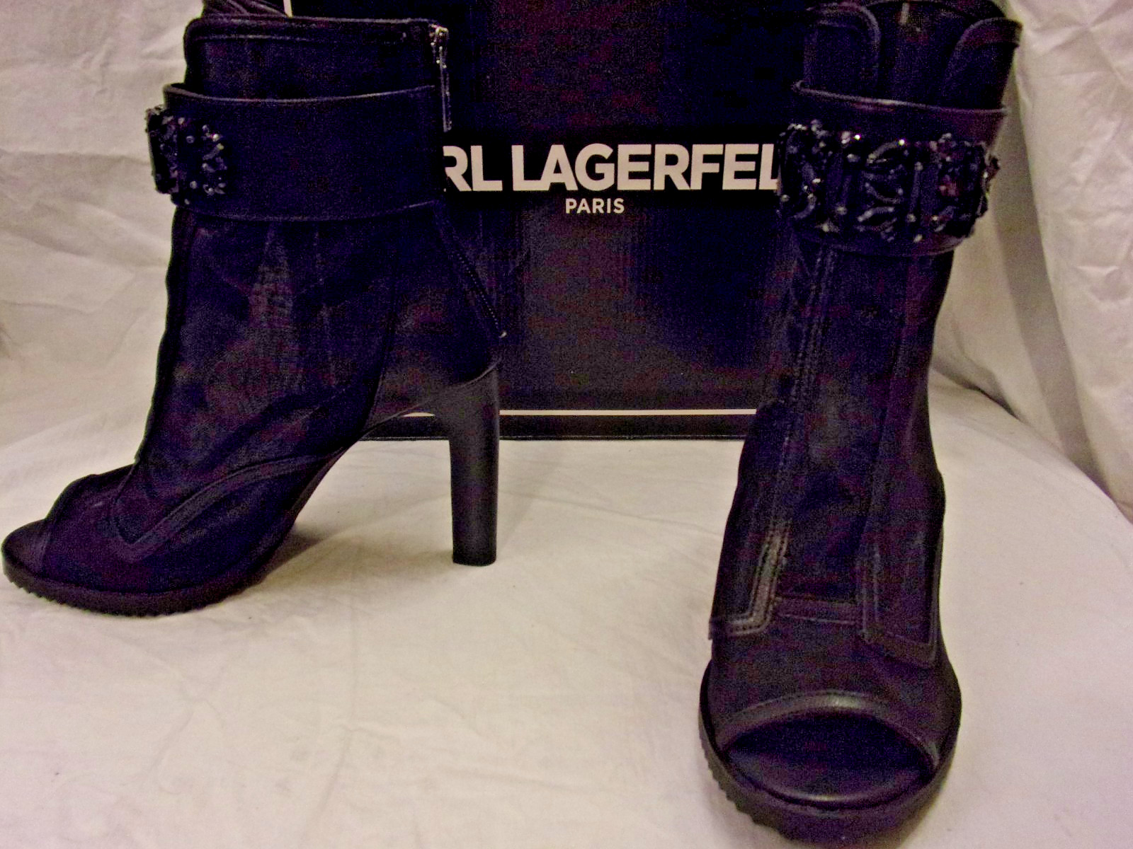Karl Lagerfeld Paris Blayze Crystal Mesh Peep Toe Booties Black 8M BNIB