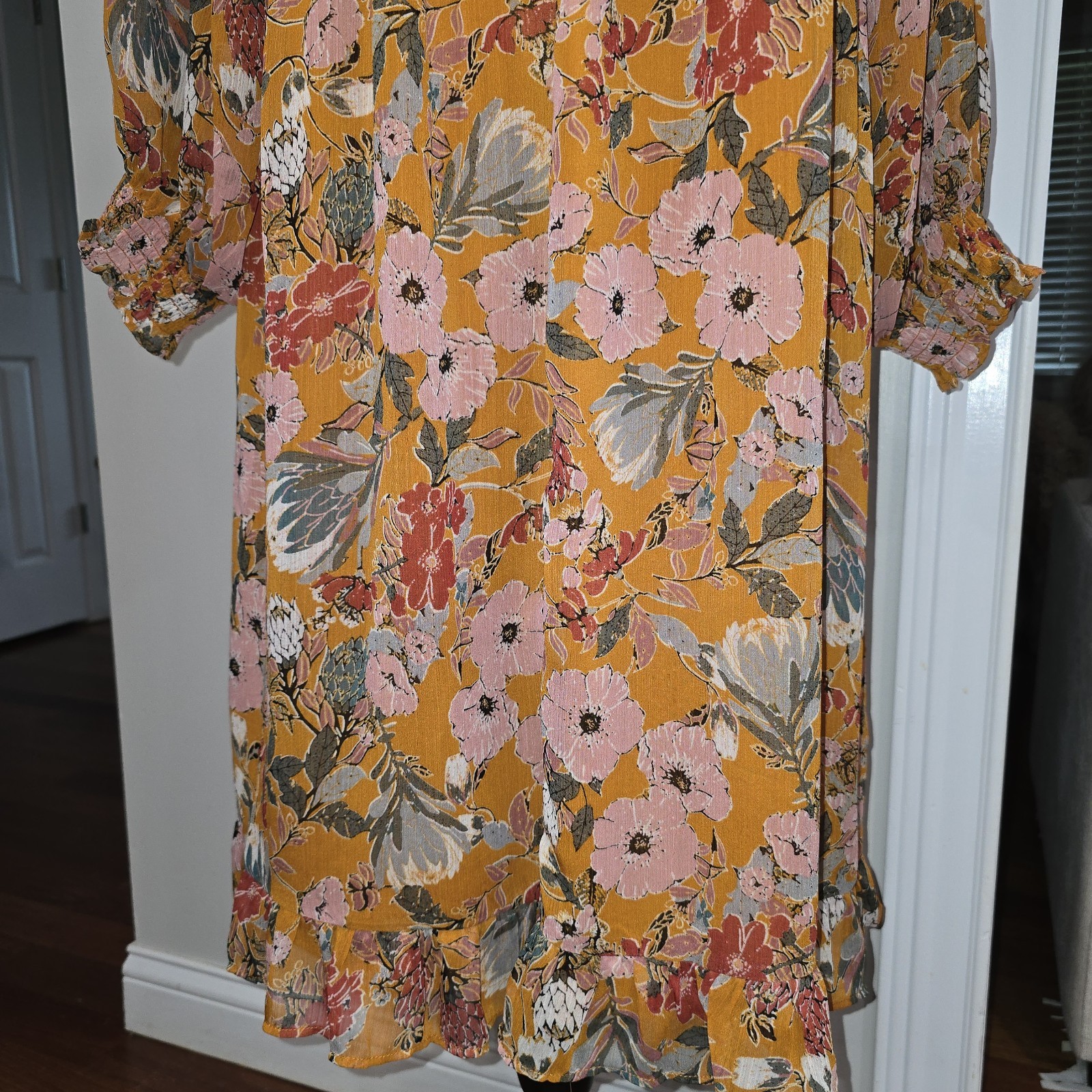 Kate And Sam Maxi Dress Orange Floral Sheer Sleeves Lined Sz L Feminine…