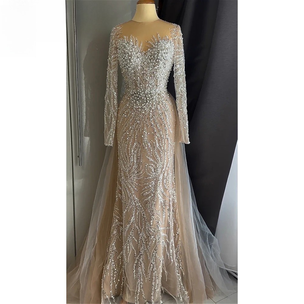 Luxury Beaded Mermaid Evening Gown with Long Sleeves Formal Wedding Party Dress
