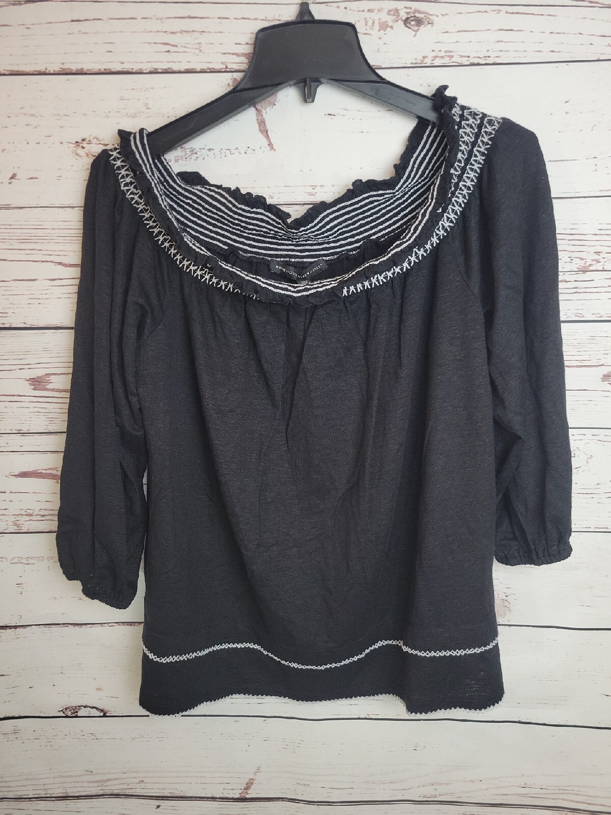 NWT White House Black Market Black Linen Blend Off The Shoulder Top Womens Large