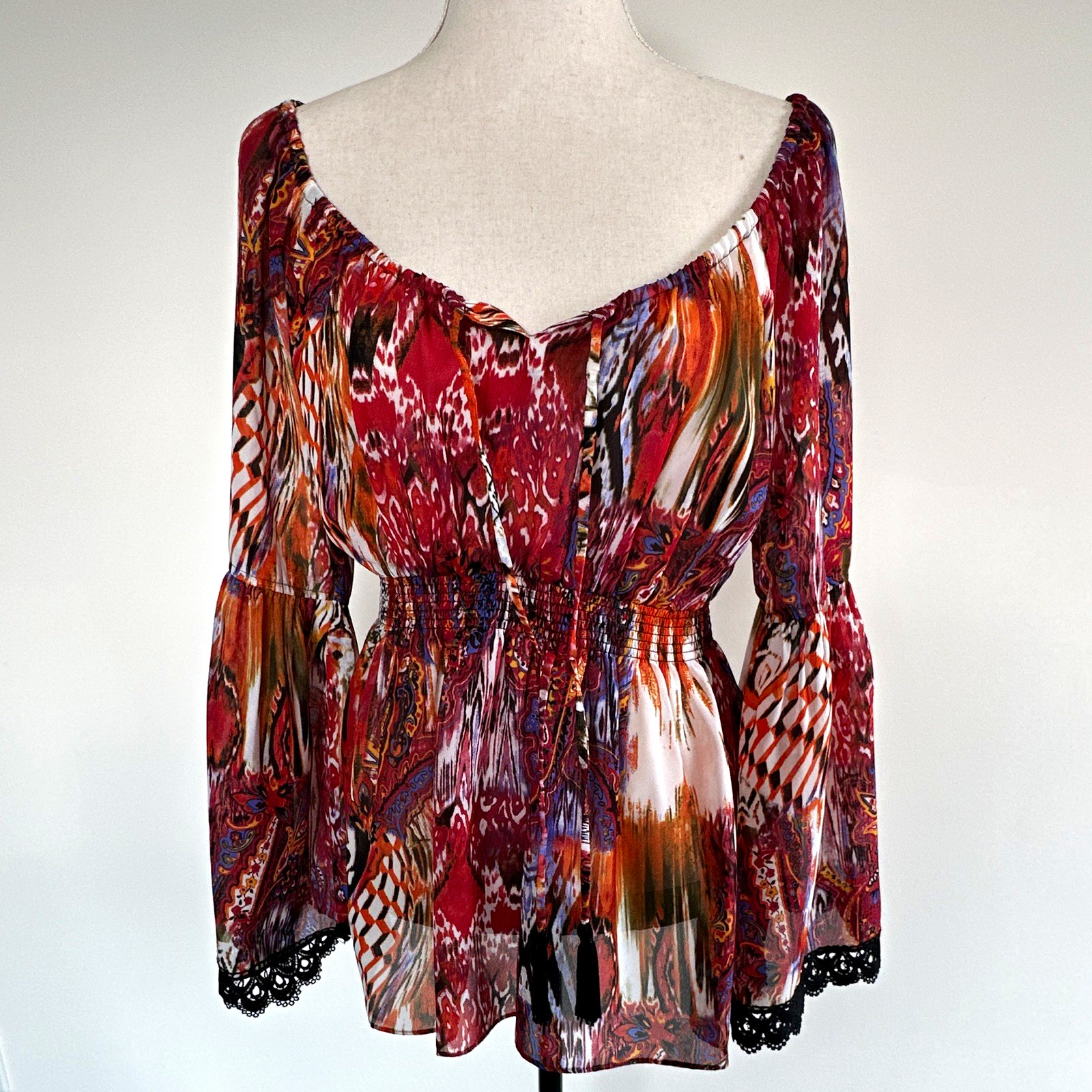 Boston Proper Womens Paisley Off Shoulder Chiffon Lace Trim Bell Sleeve Tunic M