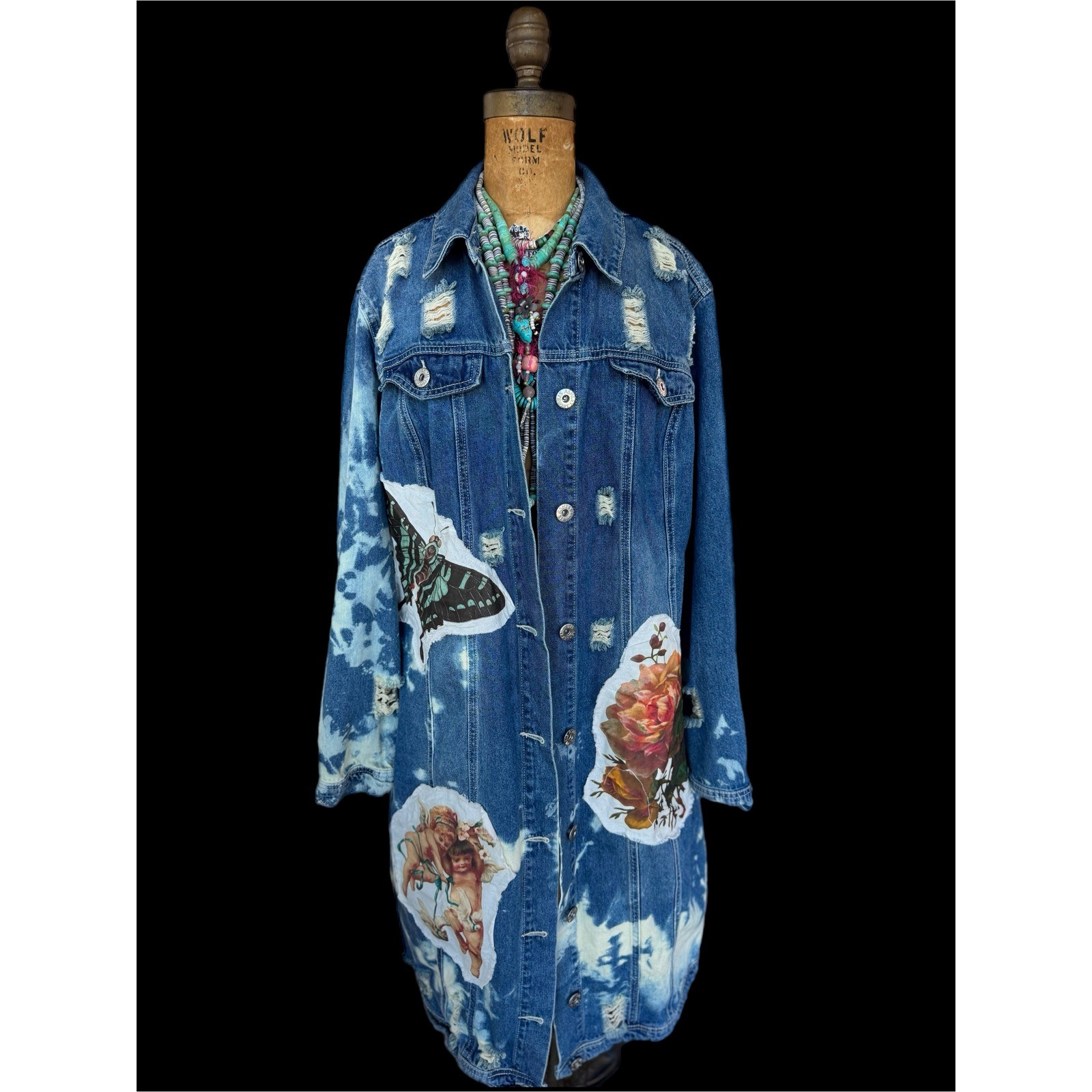 Upcycled Denim Coat Cherub Rose Patch Long Jacket Boho Folk Art XL/XXL