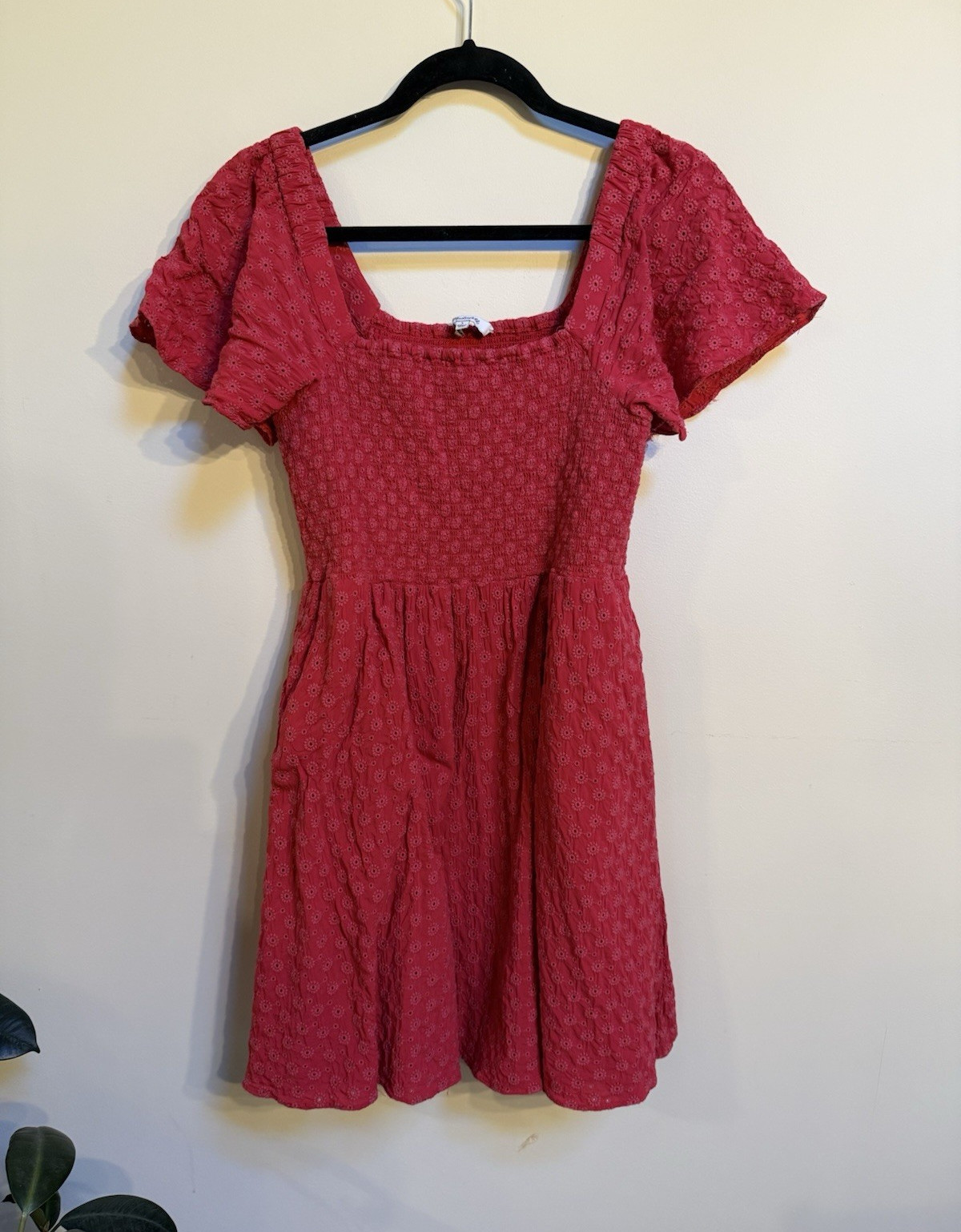 Madewell Women’s Red Eyelet Smocked Square Neck Puff Sleeve Mini Dress L