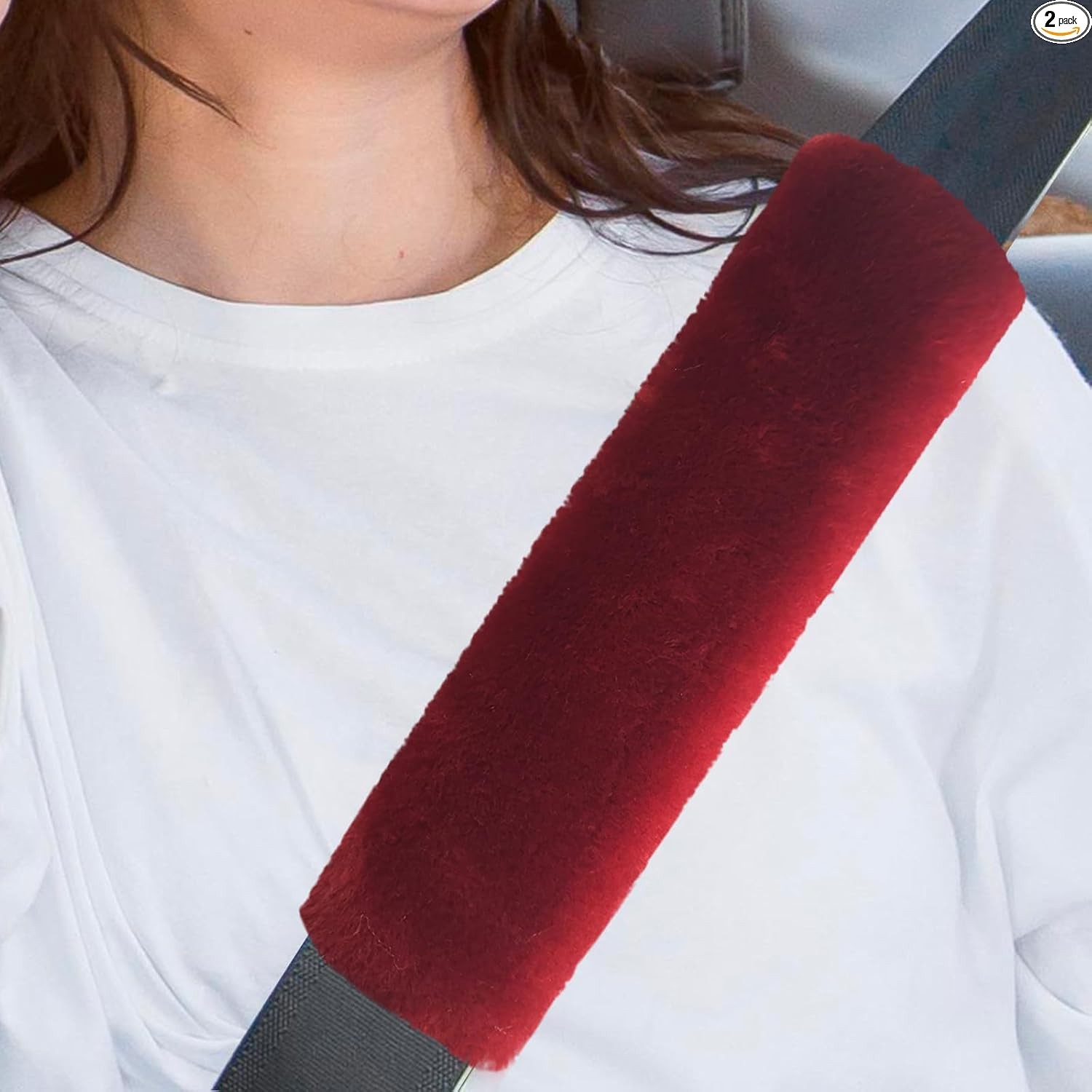 2PCS Soft Plush Car Seat Belt Pads, Universal Shoulder Cover a Color: Wine Red