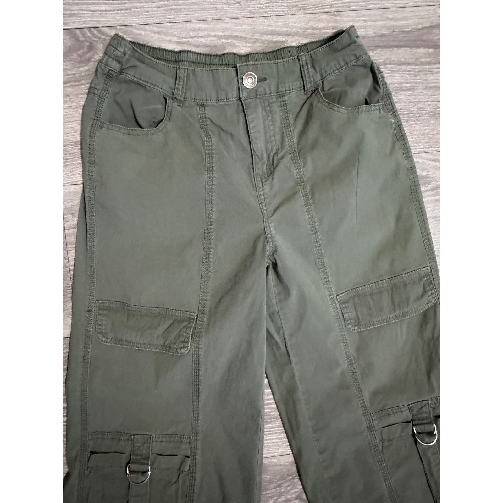 Girls Olive Green Wide Leg Cargo Pants D-Ring Drawstring Size 10 Hiking Y2K