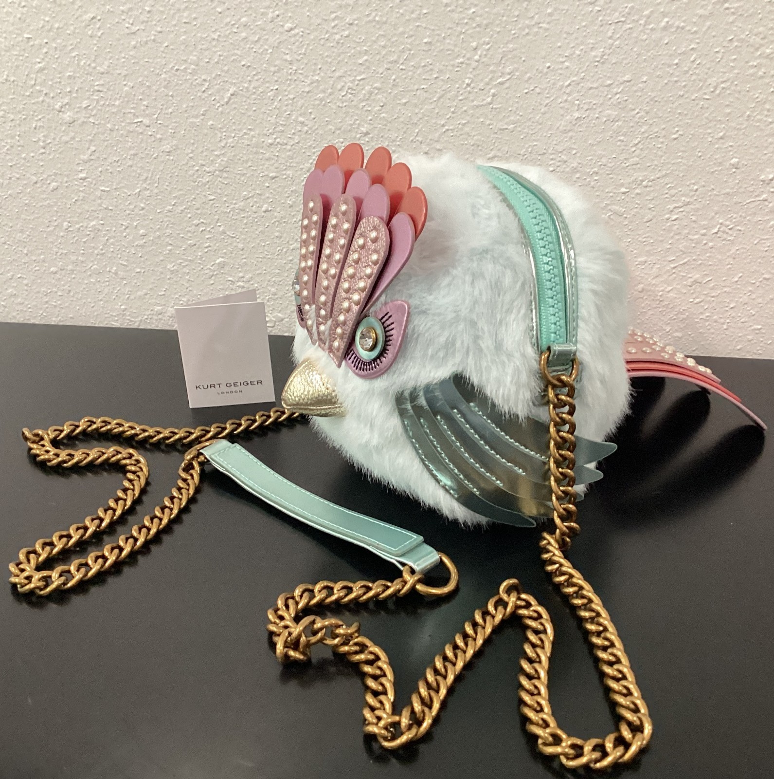 Kurt Geiger Faux Fur Soft Eagle Bag 6″ x 6″ x 4.5″ Crossbody Blue Pink Crystals