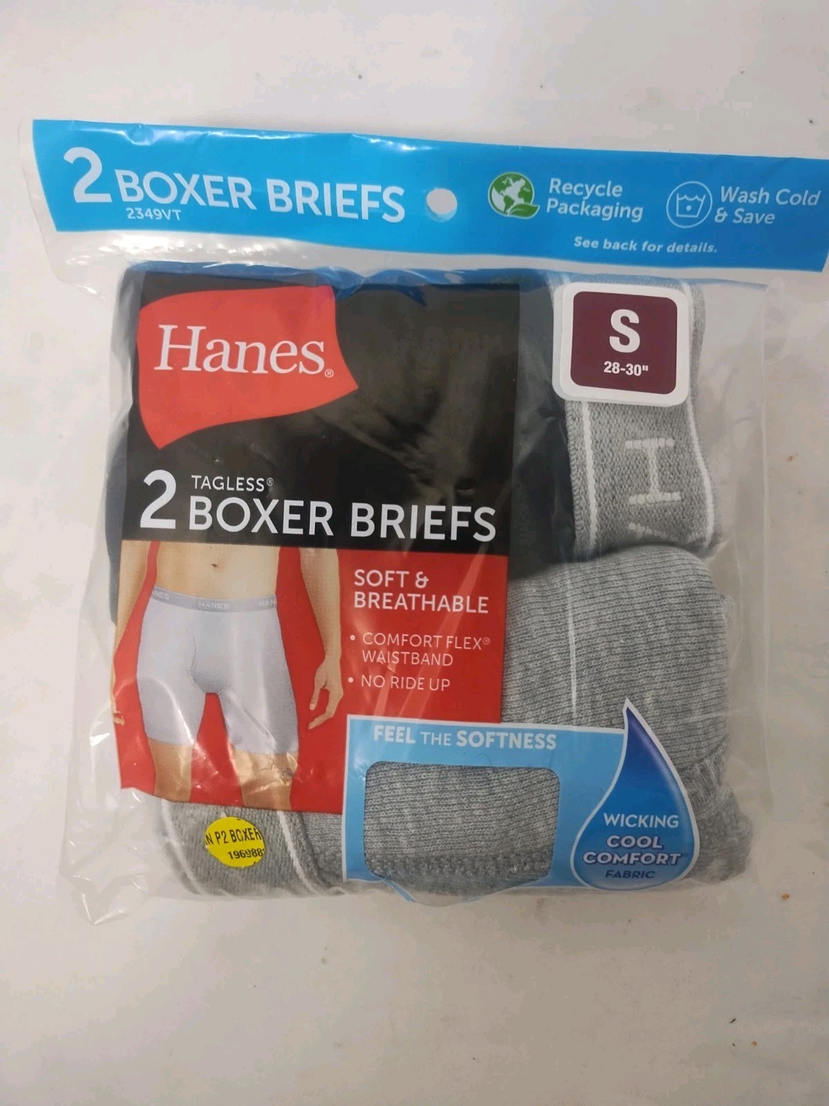 HANES Boxer Briefs Mens Tagless 2 Pack Black/Gray Underwear Sz S 28-30 Soft