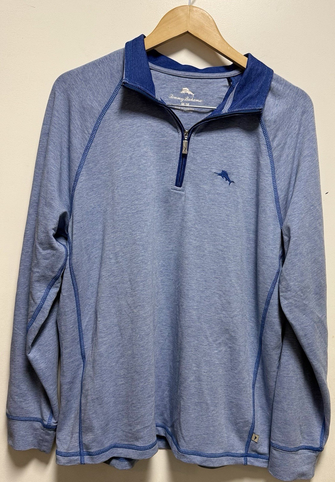 Tommy Bahama Mens Pullover Shirt M 1/4 Zip Long Sleeve Mock Collar Blue