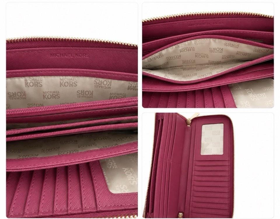 Michael Kors Jet Set Large Wallet Wristlet Brown Monogram Rasberry Center Stripe