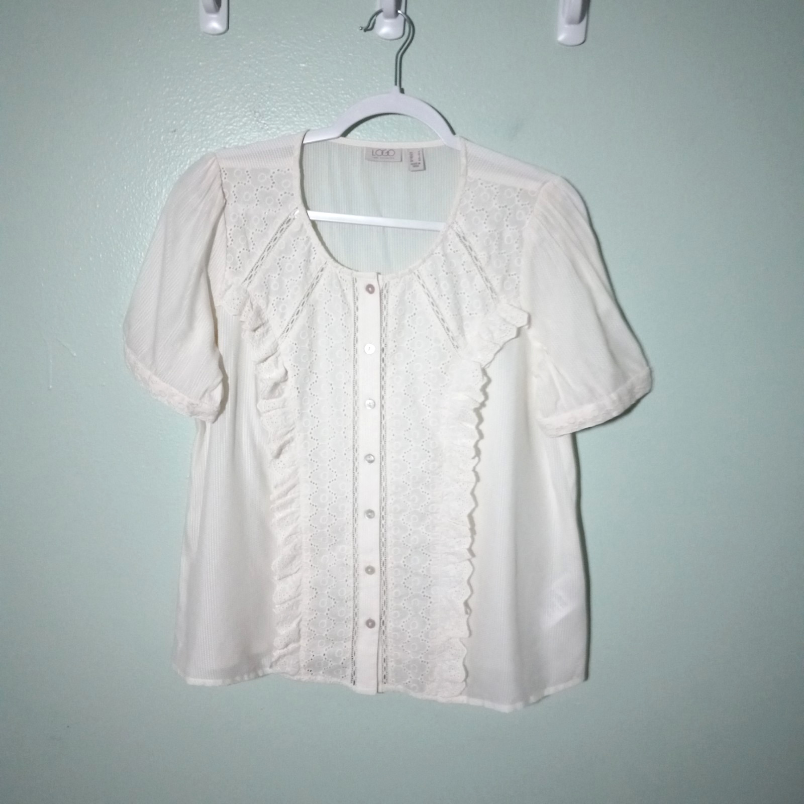 LOGO by Lori Goldstein Top Blouse size Small, Ivory Lace Eyelet Sheer Ruffle