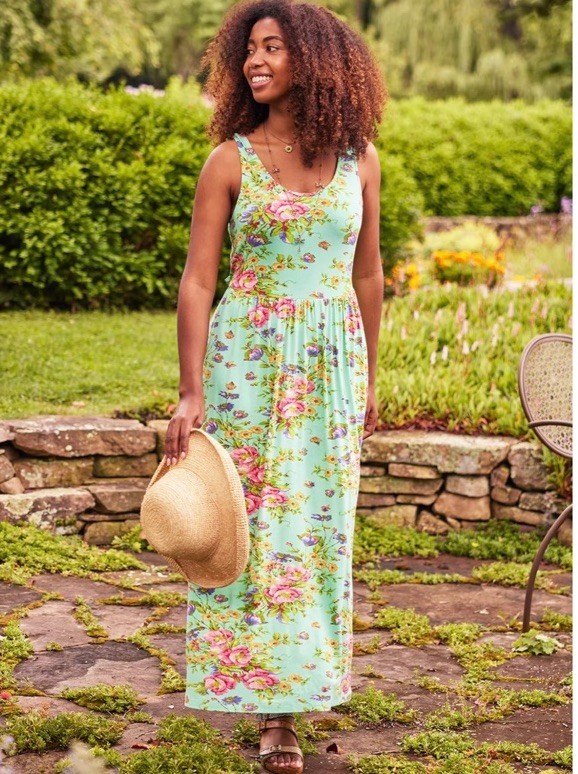April Cornell Dress Sz M Aqua Floral Island Flower Jersey Maxi Sundress Cottage