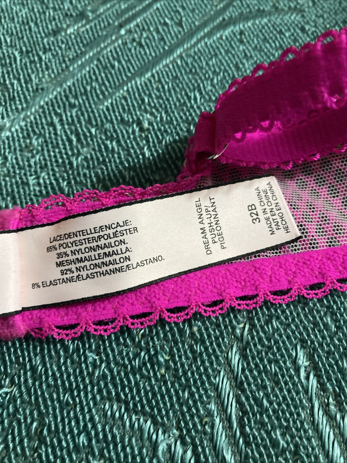 Victoria’s Secret Dream Angel Push Up Bra 32B Barbie Pink floral Mesh Fishnet