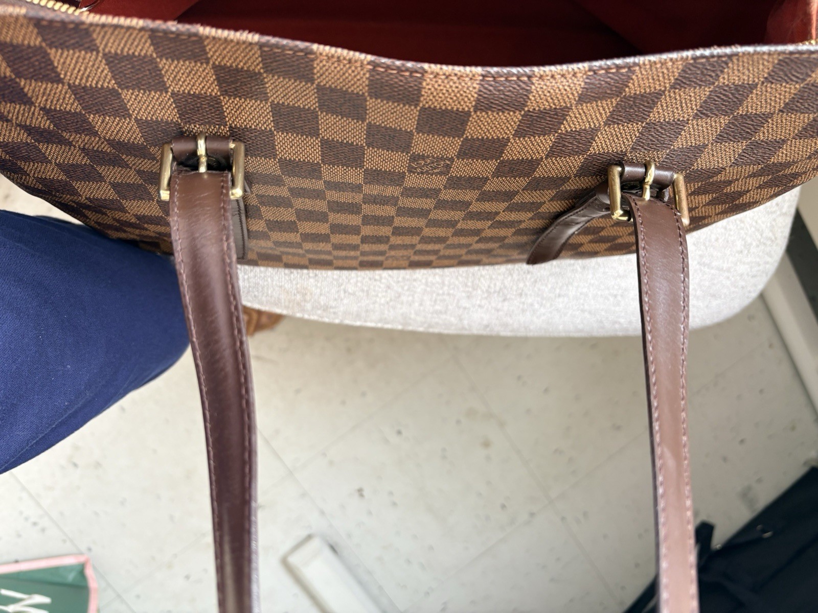 Louis Vuitton Damier Ebene Brown Shoulder Bag w/ Zip, Gold Hardware, Red Lining