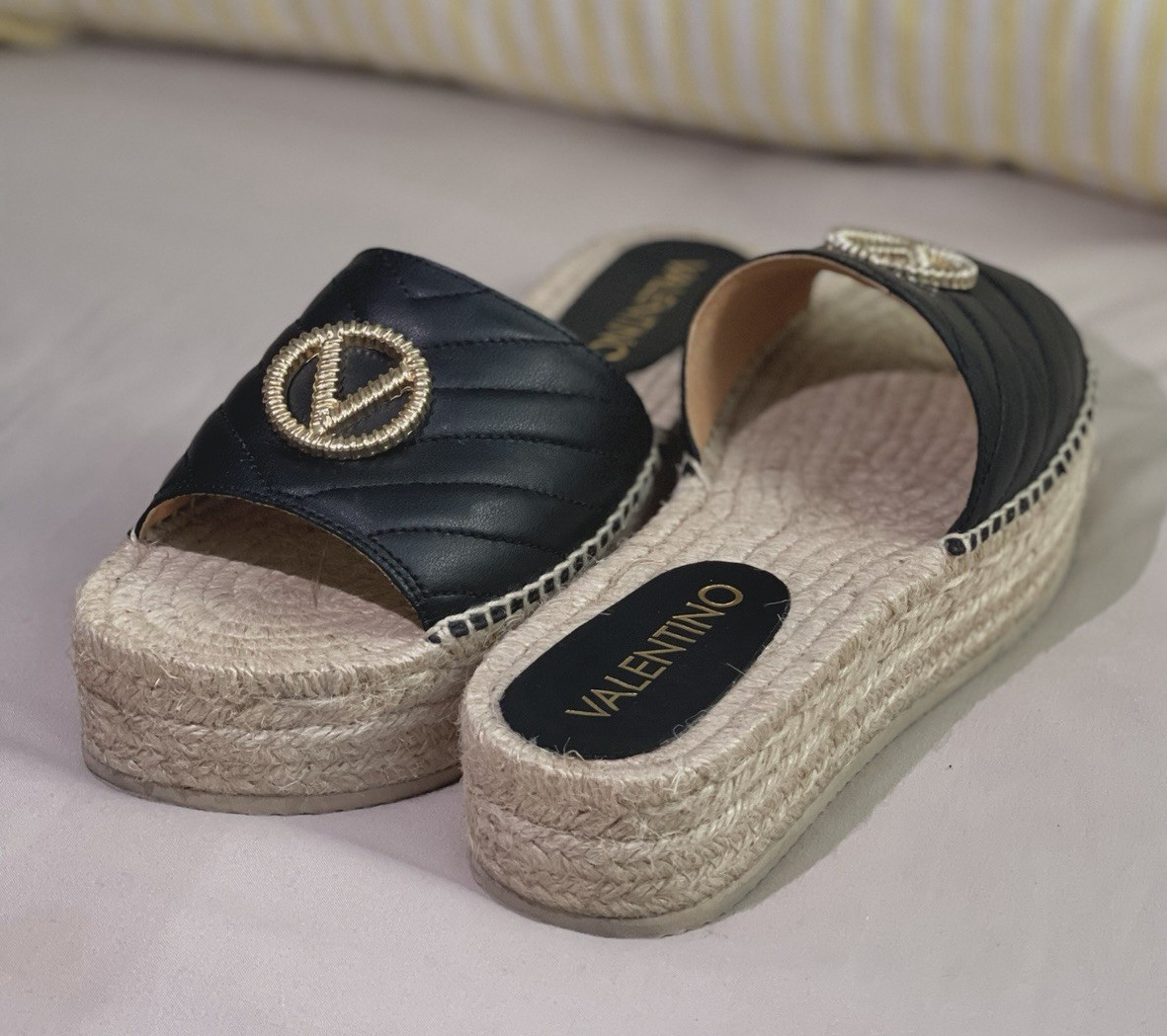 VALENTINO Women’s Black Logo Slide Platform Espadrille Slip-On Sandals