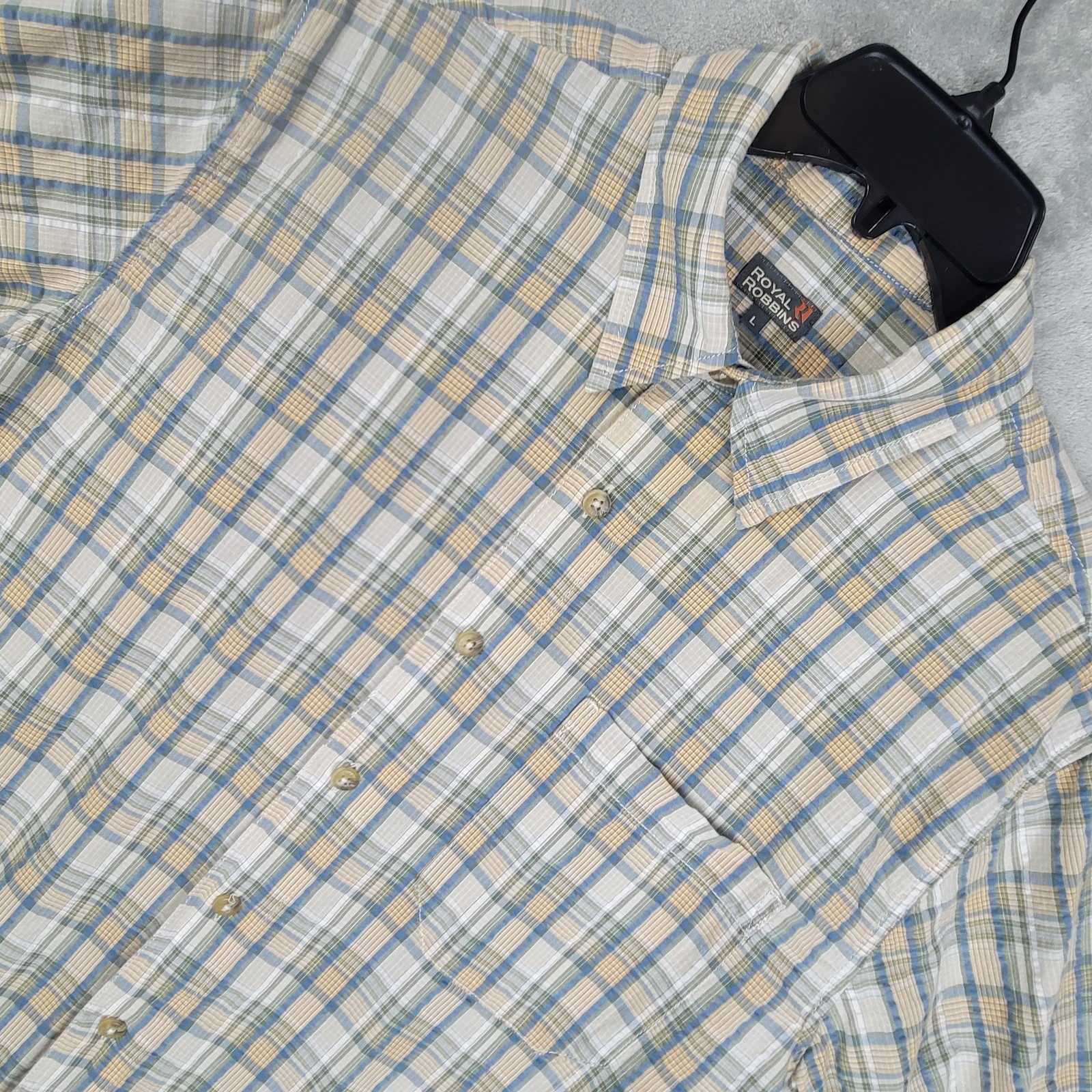 Royal Robbins Short-sleeve Blue, Yellow, Beige Plaid Button-up Shirt Mens LG