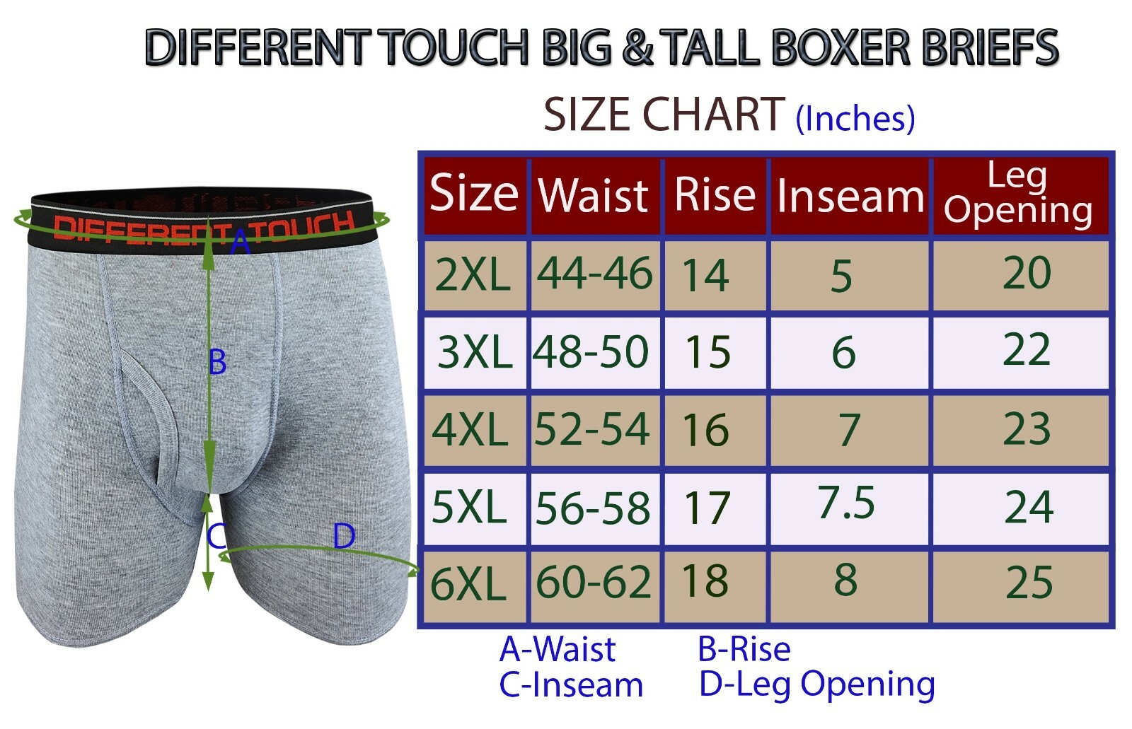 Different Touch Men Big & Tall Classic Long Leg Length Boxer Briefs Underwear