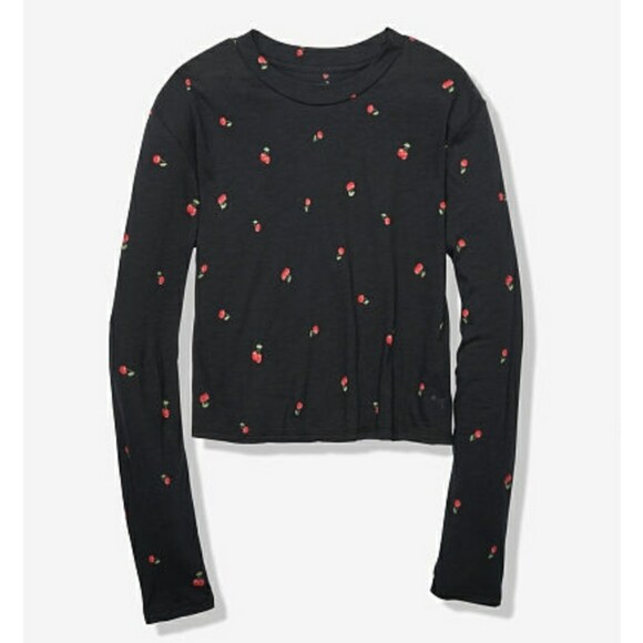 Victoria Secret PINK Crop Top T Shirt Large Black Red Cherries Long Sleeve New