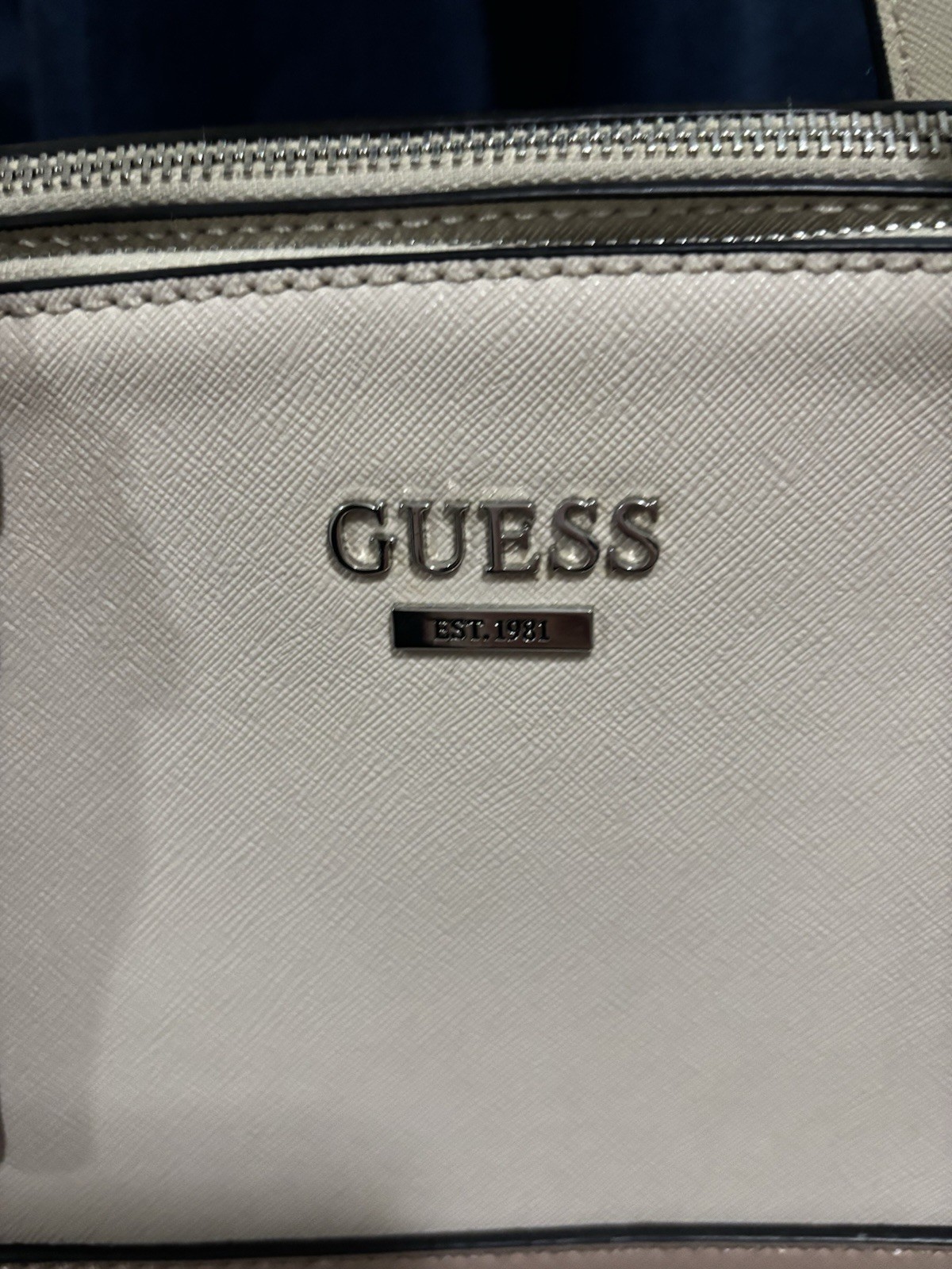 GUESS Beige Double Zip Satchel Top Handle Bag w/ Detachable Strap, Pockets
