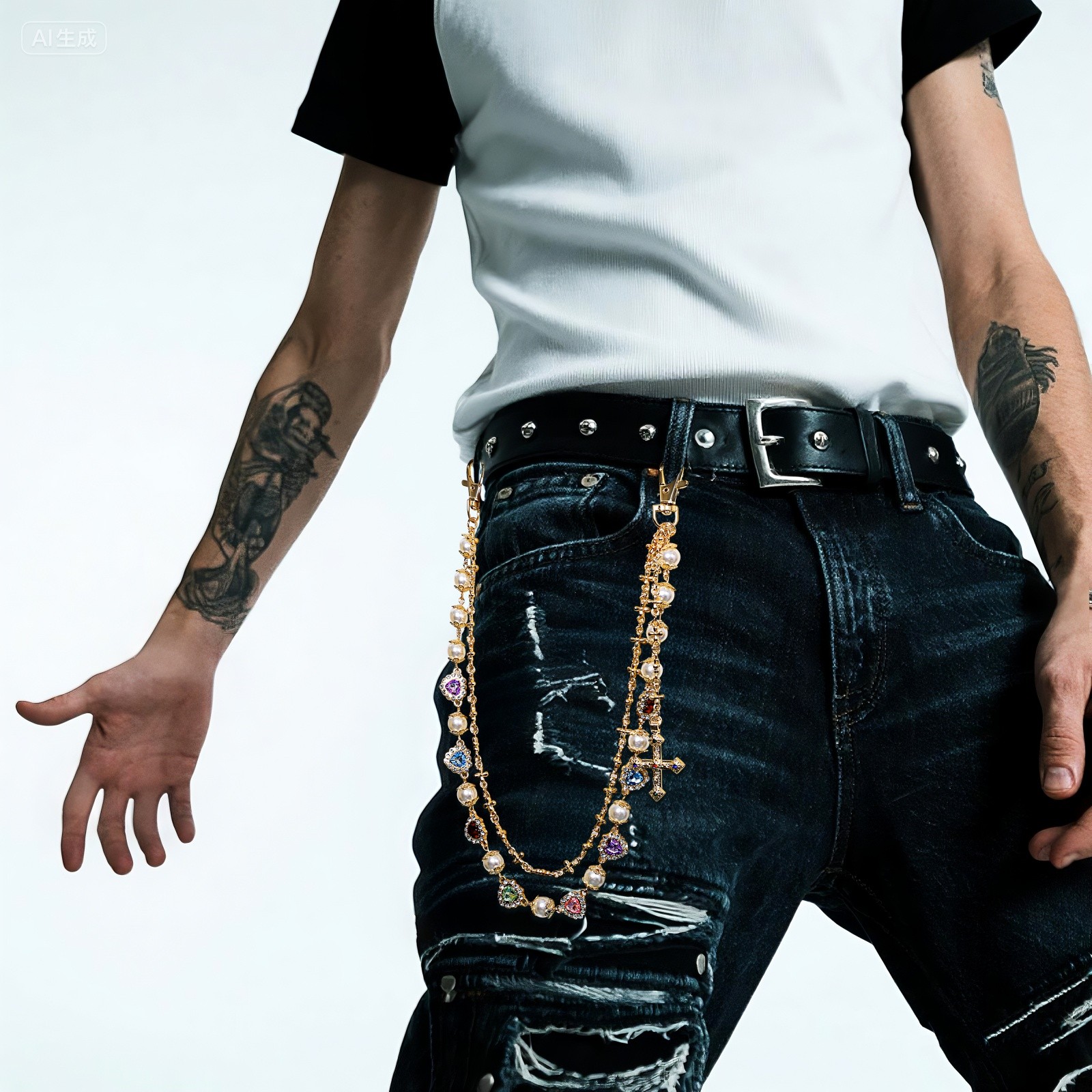 Unisex Hip Hop Punk Double Layer Jeans Chain Pearl Heart Cross Drop Pants Chain