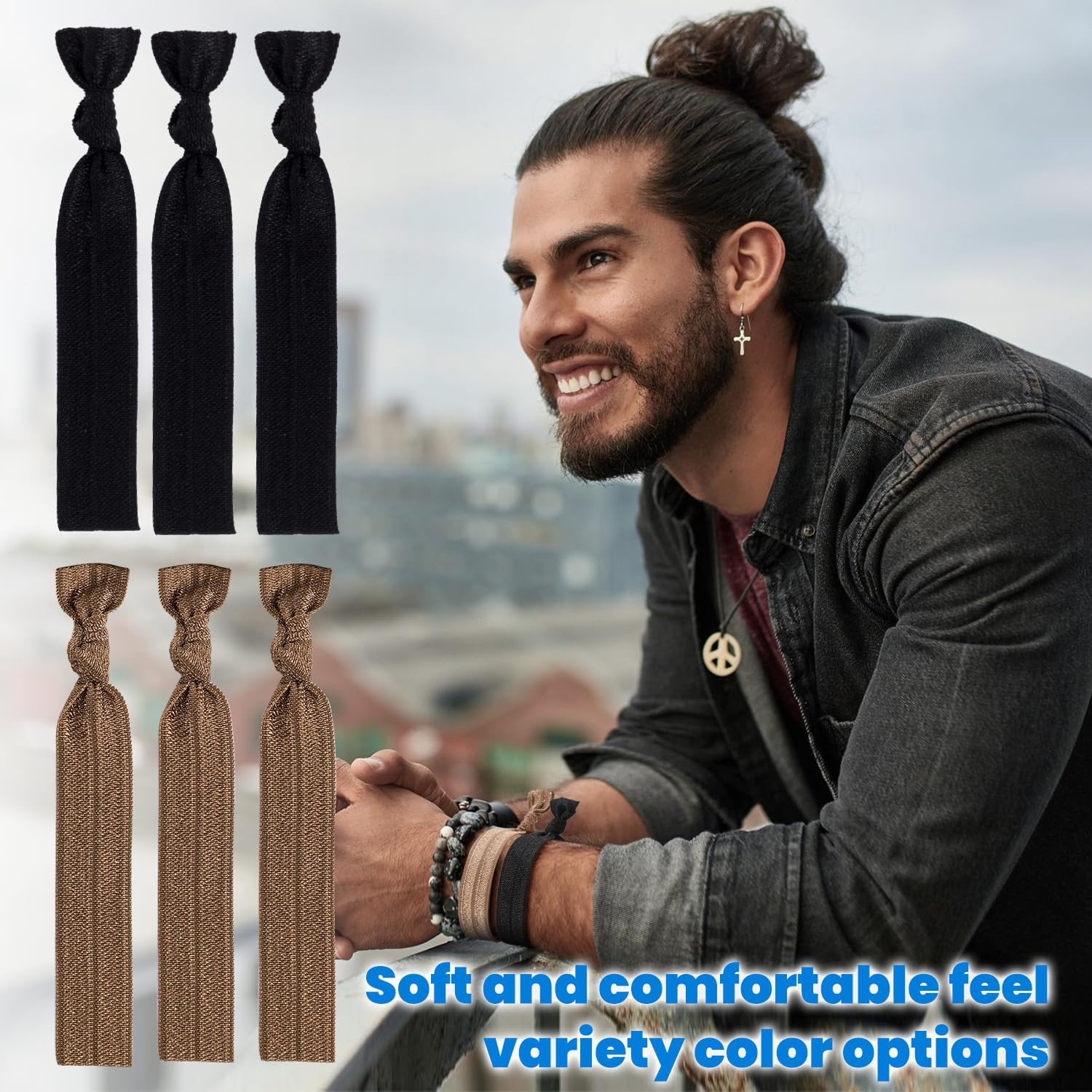 Mens No Damage Knotted Elastic Fabric Hair Ties – Flat Ribbon Ponytail Holders f