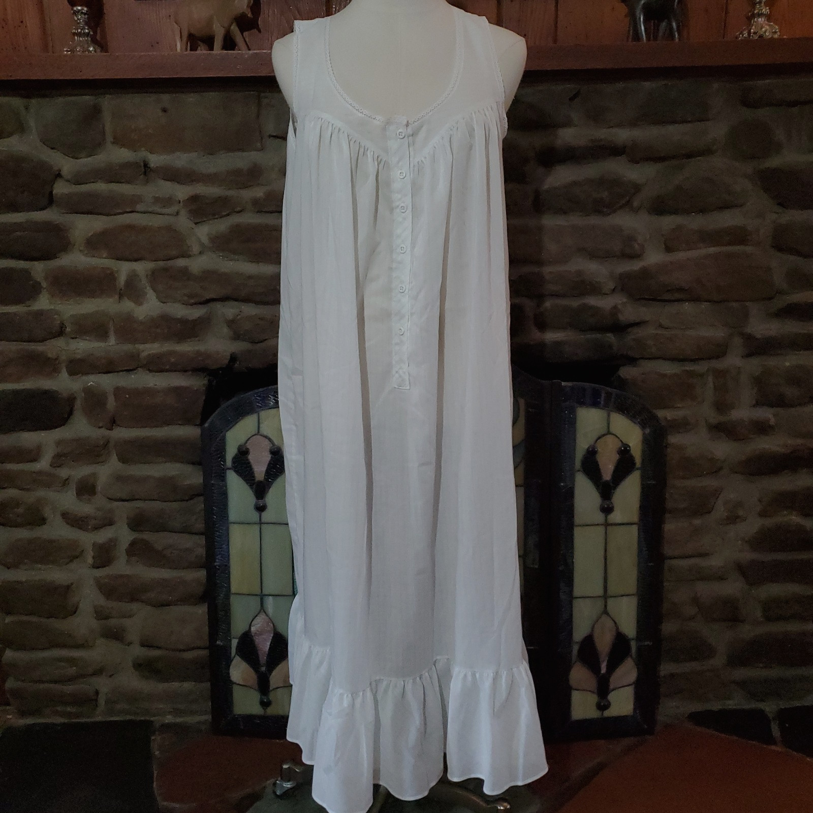 Vtg Willow Creek White Blue Cotton Maxi Nightgown Womens Medium Ruffle Cottage