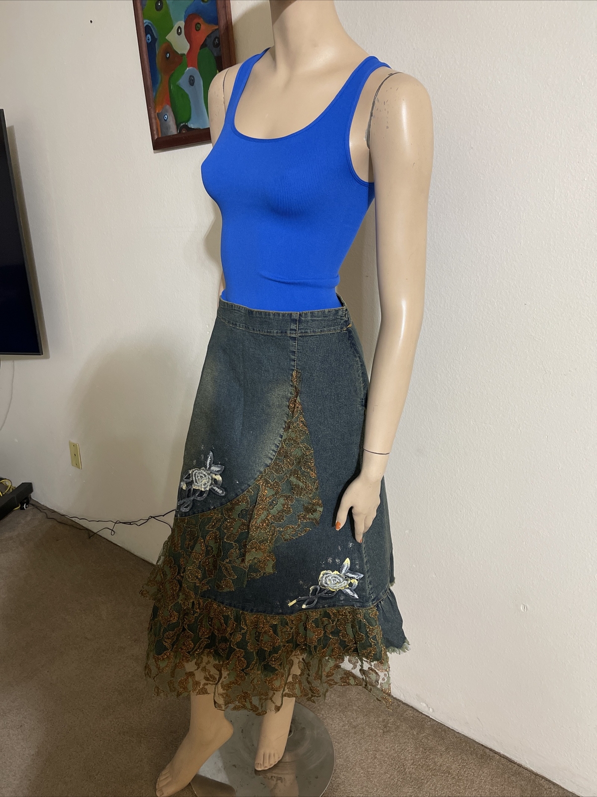 Blue Denim Cotton beaded lace Ruffle Embroidery Boho Size M(6-8) maxi skirt 3135