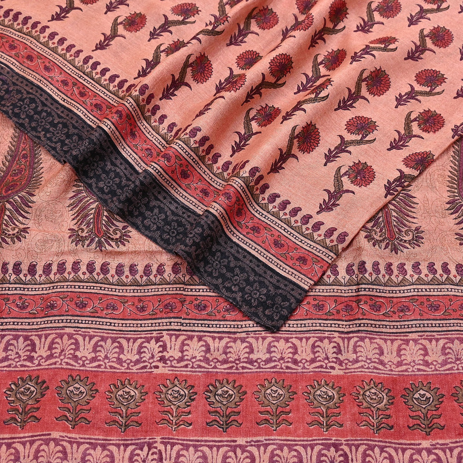 Vintage Peach Wool Saree Indian Pure Woolen Woven Floral Fabric 6Yard Soft Warm