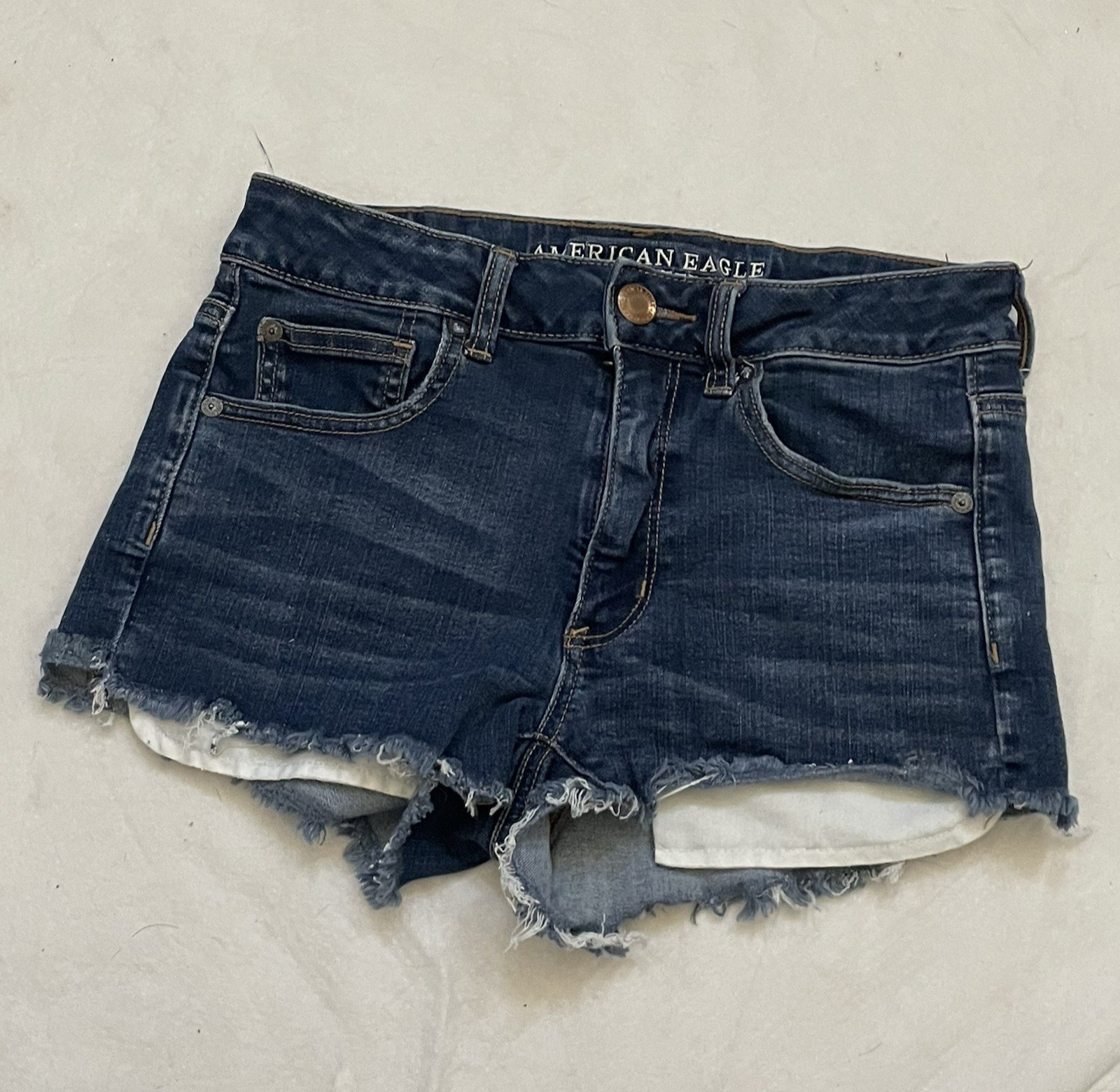 American Eagle Jean Denim Shorts Strecth High Rise Shortie Size 6 Frayed Hem