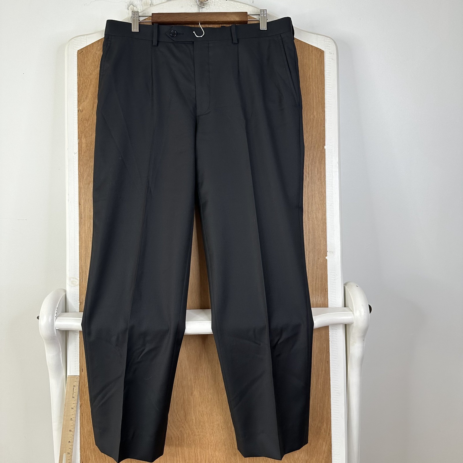 Bespoke Suit Mens 40R Black Solid 2 Button Guabello 130s Fabric Wool Pants 34×29