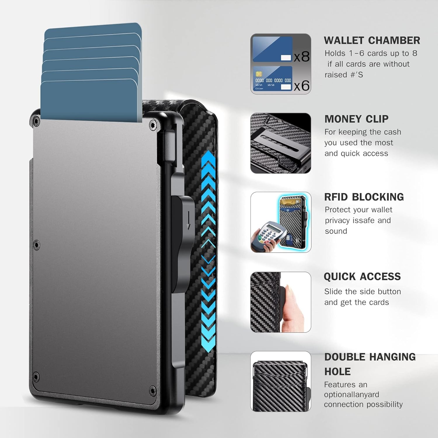 Men’s Slim PopUp Bifold Carbon Fiber Wallet, RFID Blocking, Money Clip, Men Gift
