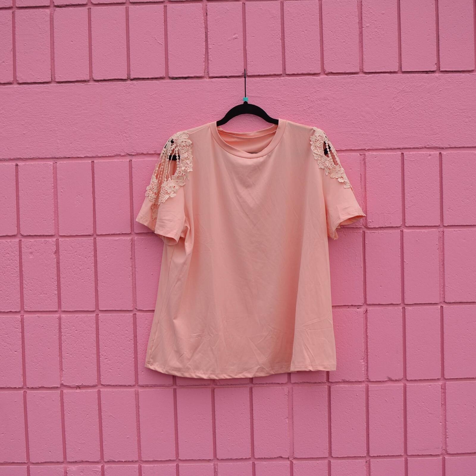 #74 2xl Peach Lace Trim Blouse Shirt Top