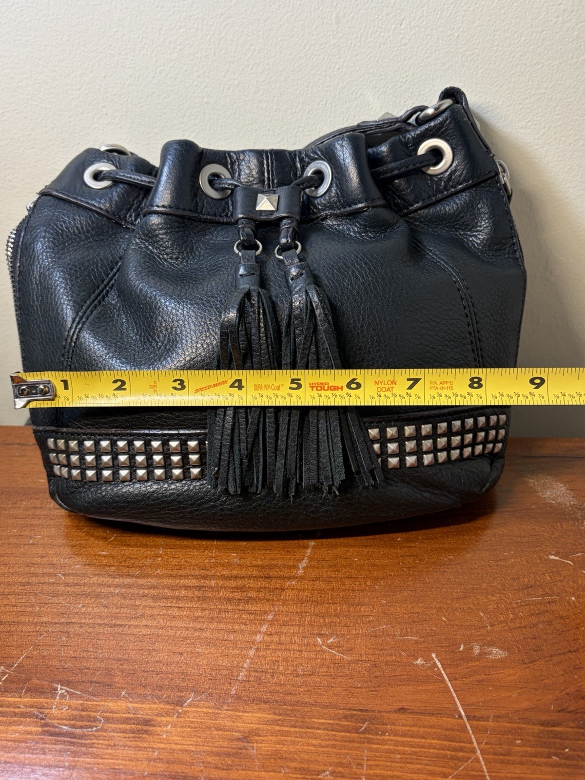 B. Makowsky Black Leather Fringe Studded Hobo Crossbody Bag Luxury Black NEW